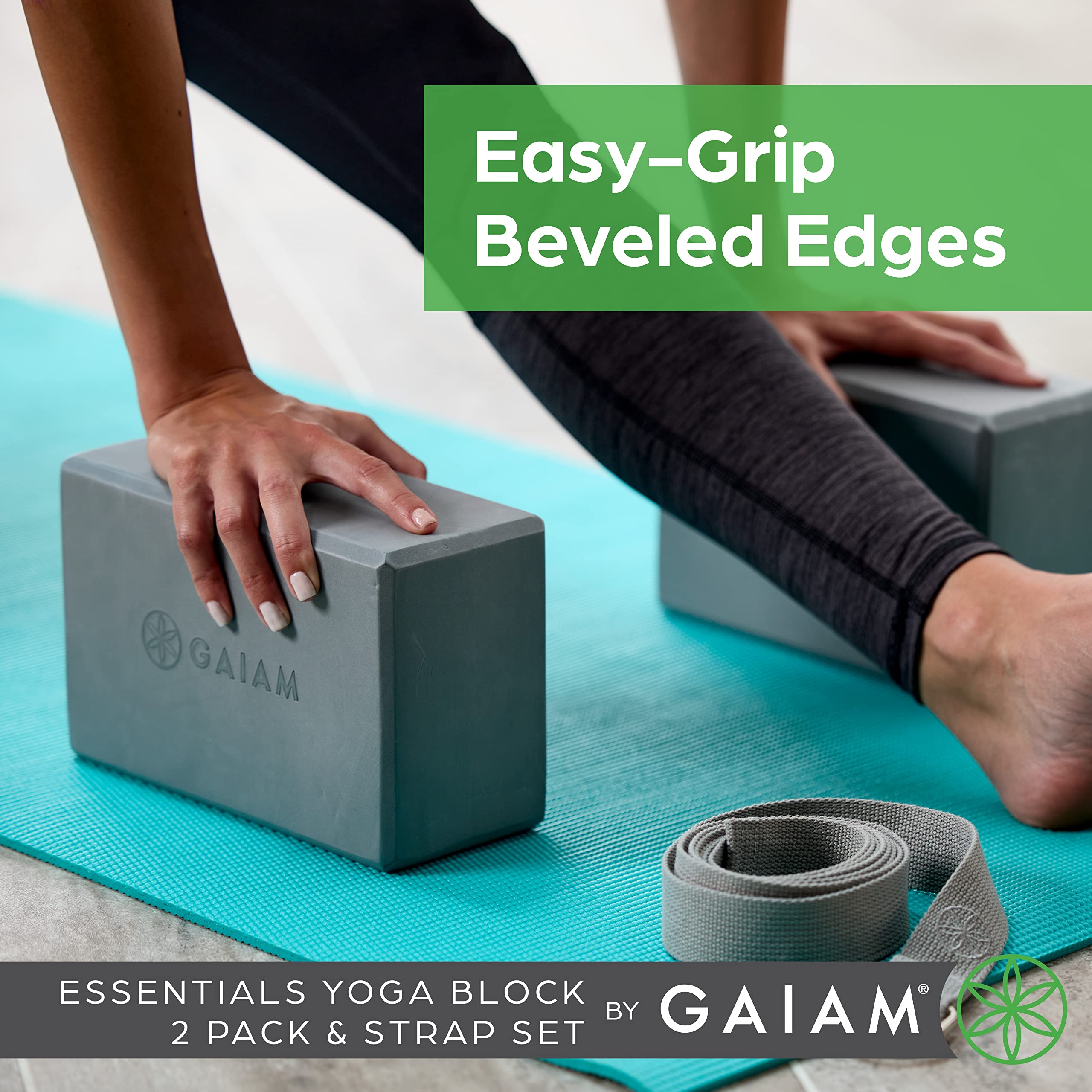 Gaiam Essentials Yoga Block 2 Pack & Yoga Strap Set, Deep Purple, 9'' W X 6'' H X 4'' D
