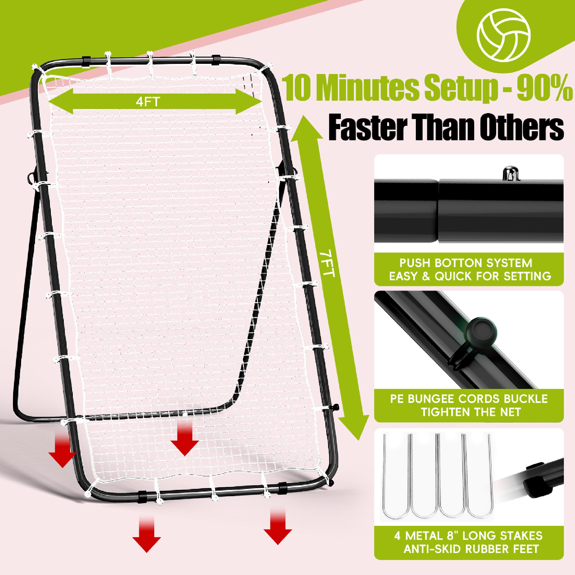 7x4 Ft Volleyball Rebounder Net, 5-Angle Adjustable Rebounder Net with 2 Target Stripes & Portable Travel Bag, Durable Bounce Ba