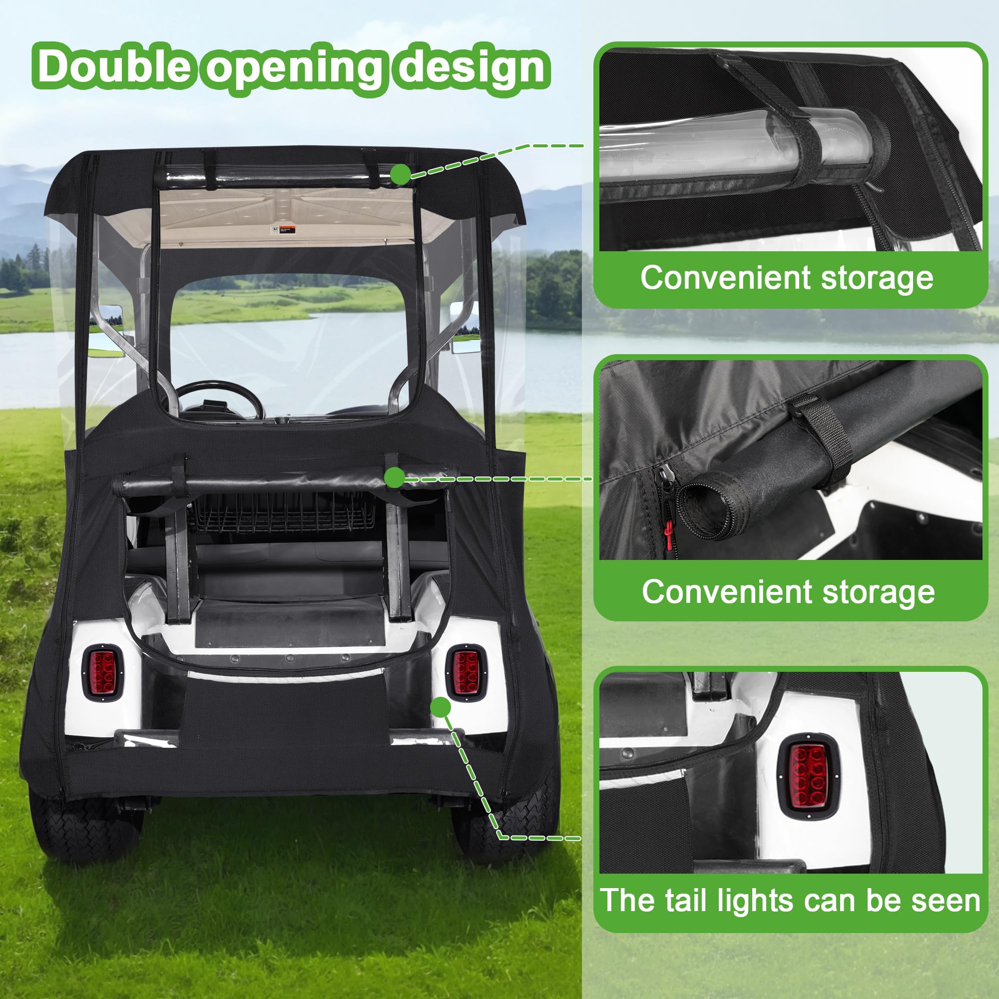 10L0L Golf Cart Enclosure 600D For 2 Passenger Universal Ezgo Txt/Rxv, With 2 Door Zippers, Security Side Mirror Openings, Taill