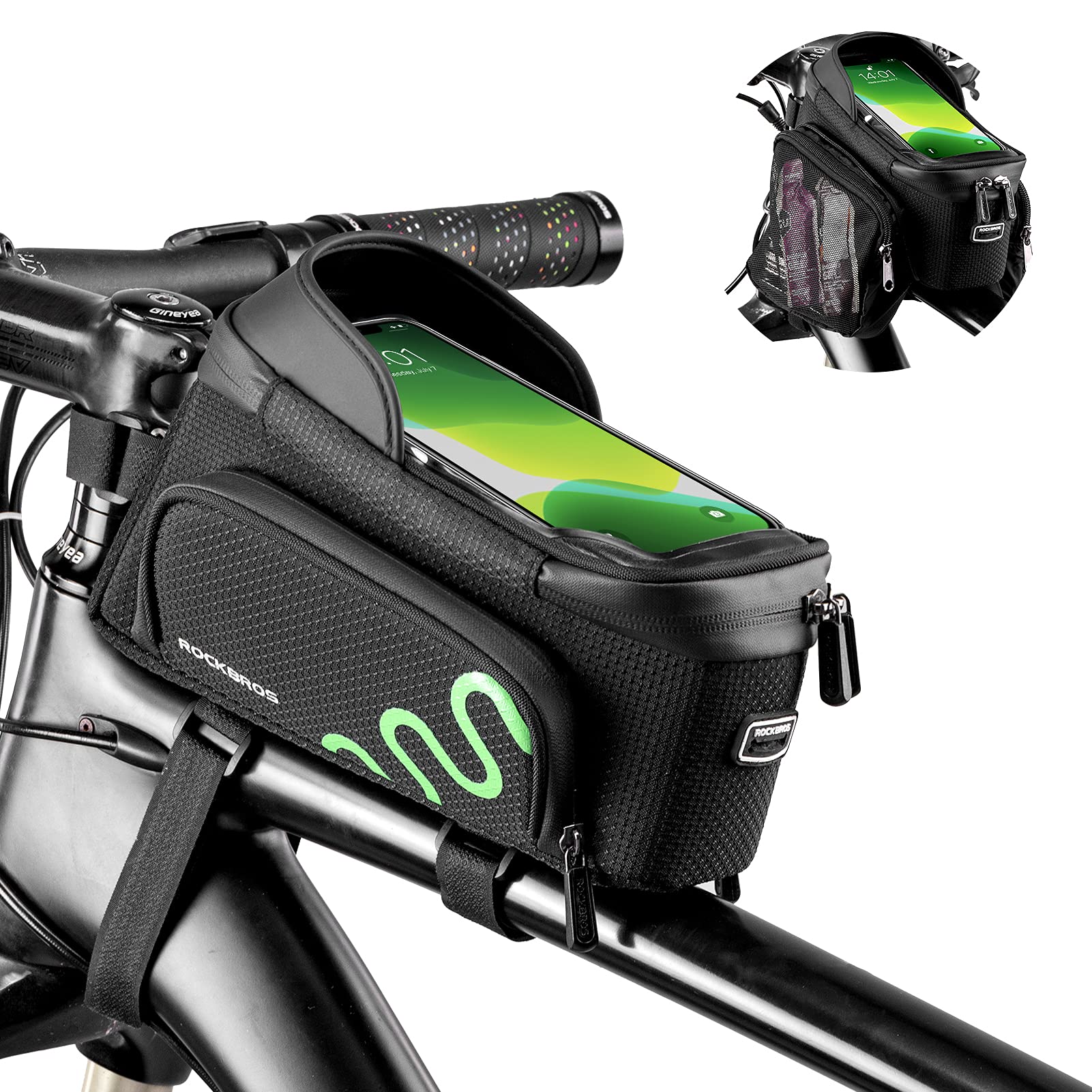 ROCKBROS Bike Frame Bag Bike Phone Mount Bag Bicycle Phone Holder with Side Bags Bike Top Tube Bag for Cycling Mountain Road Bik