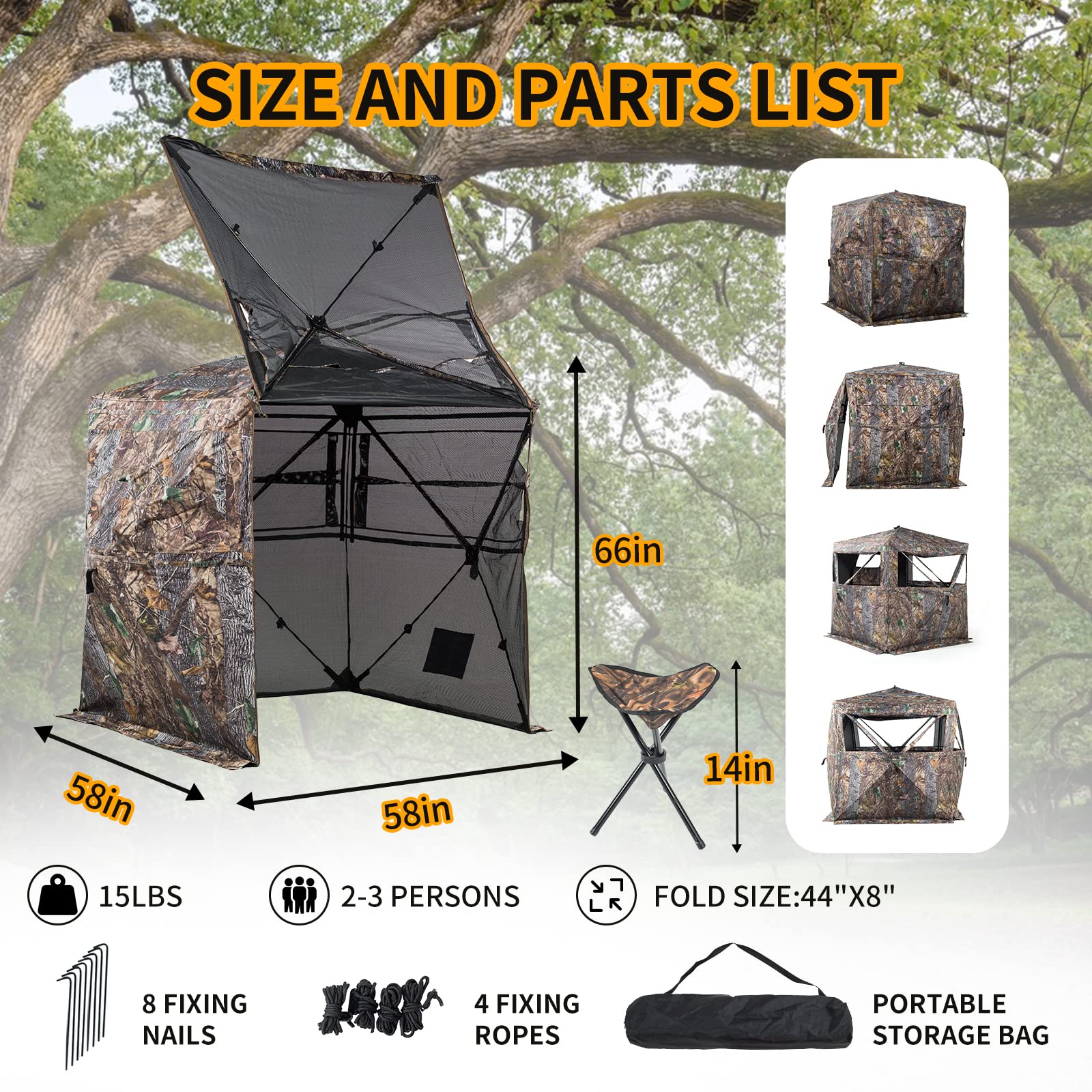 Funhorun Hunting Blind 360 Degree See Through Ground Blind For Deer Hunting, 2/3 Person Pop Up Camouflage Tent For Deer And Turk