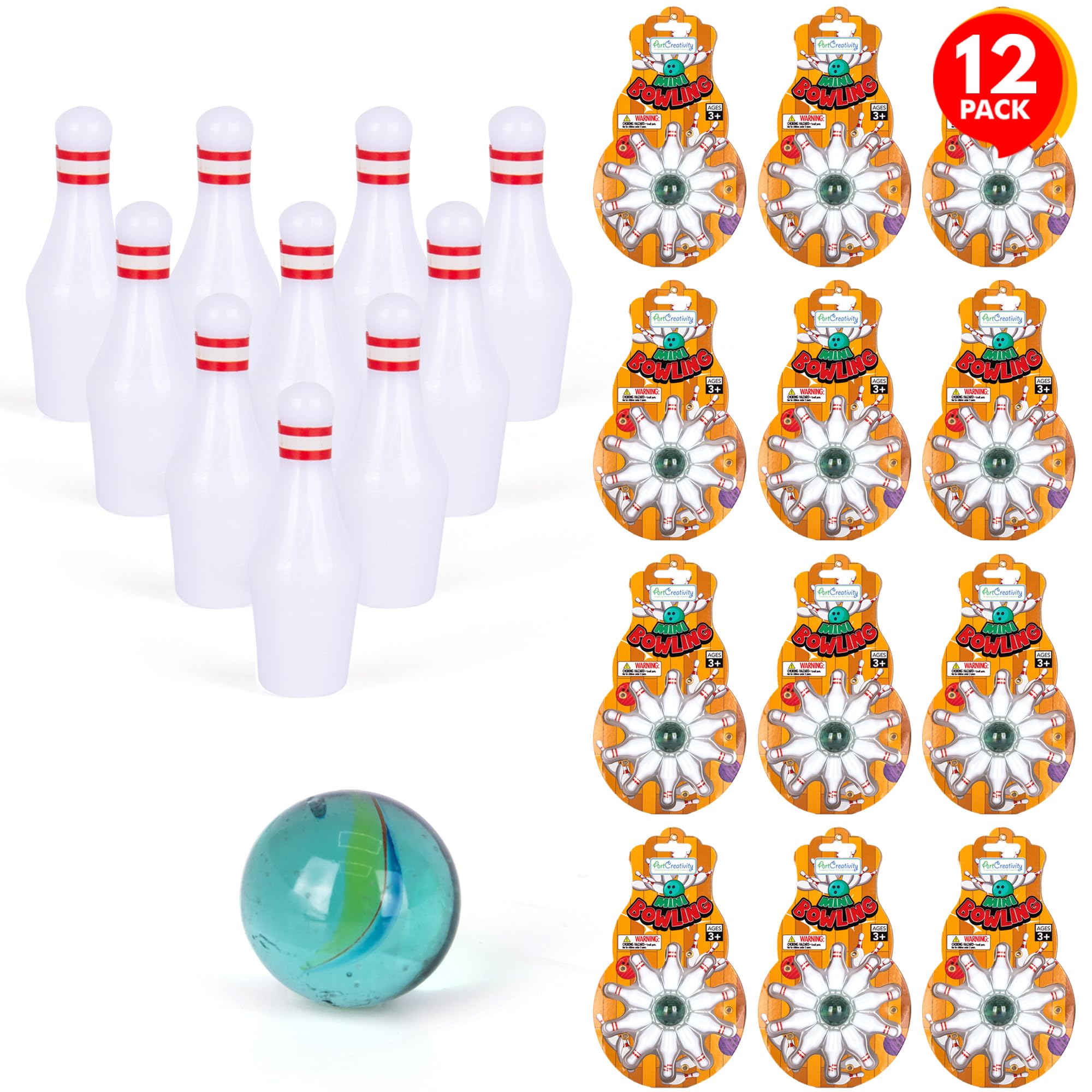 Artcreativity Mini Bowling Game, Set Of 12, Each Set Includes 10 Miniature Pins And 1 Marble Bowling Ball, Bowling Party Favors,
