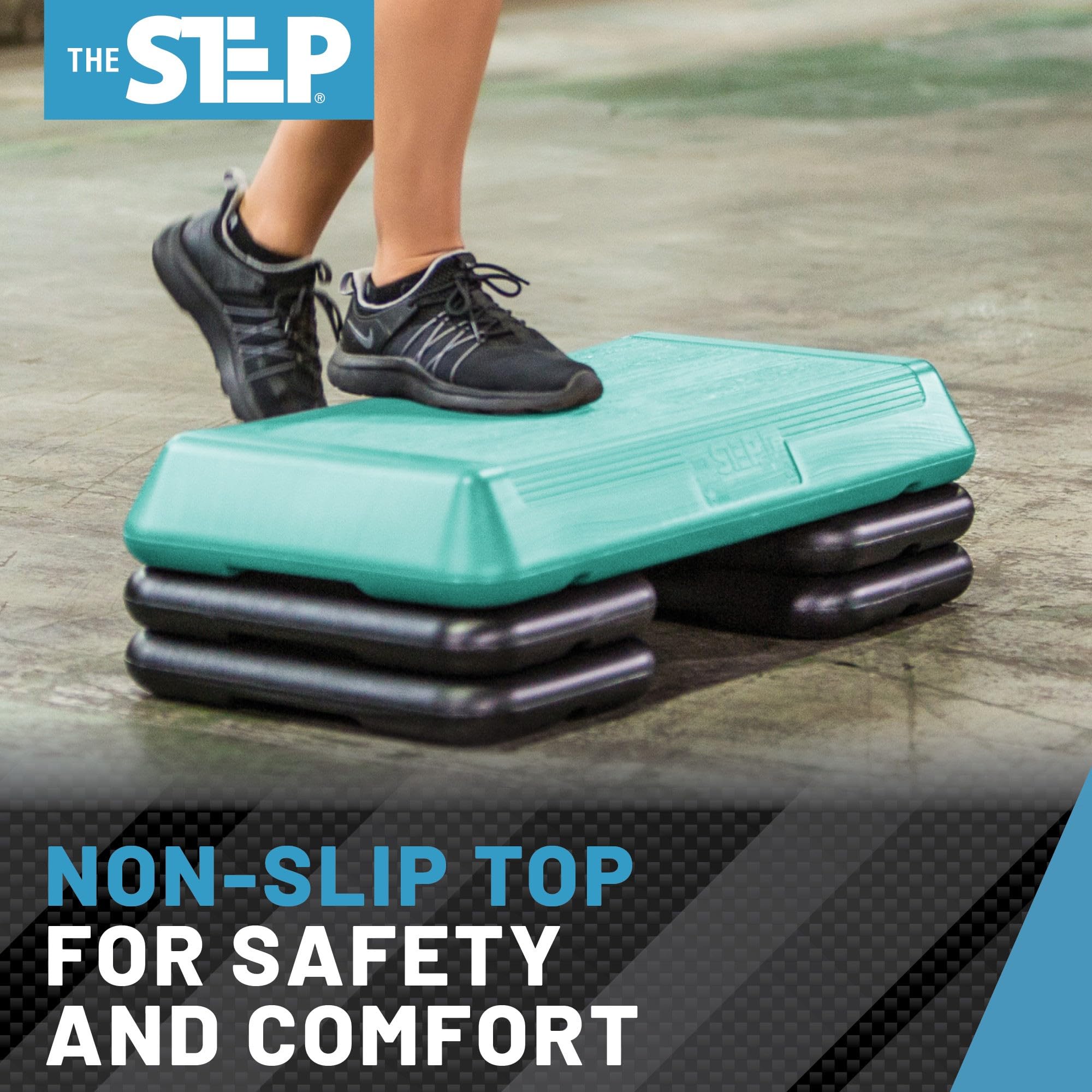 The Step (Made In Usa) Original Circuit Size Aerobic Platform With Teal Nonslip Platform And Four Original Black Risers