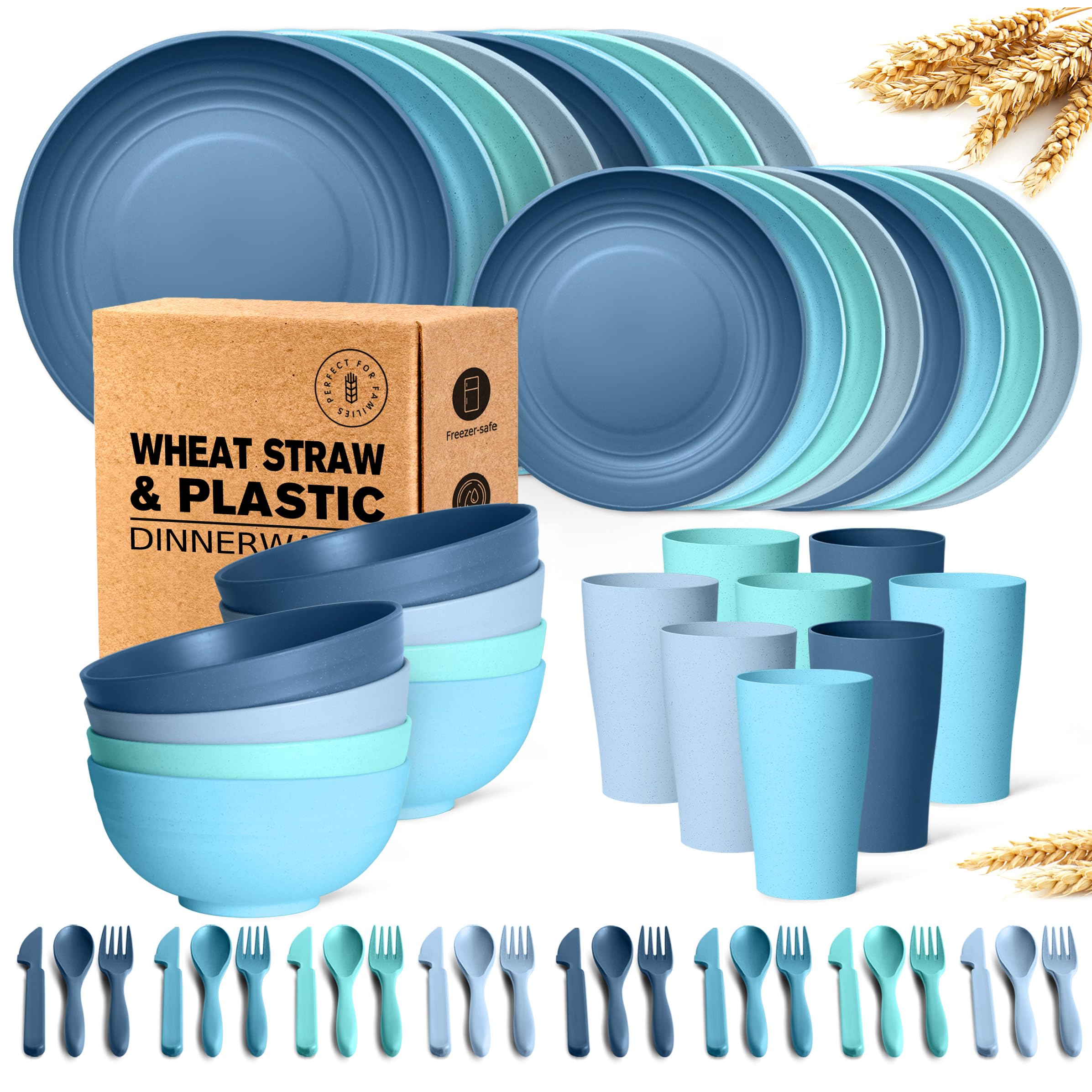 Teivio 32-Piece With Flatware Kitchen Plastic Wheat Straw Dinnerware Set, Service For 8, Dinner Plates, Dessert Plate, Cereal Bo