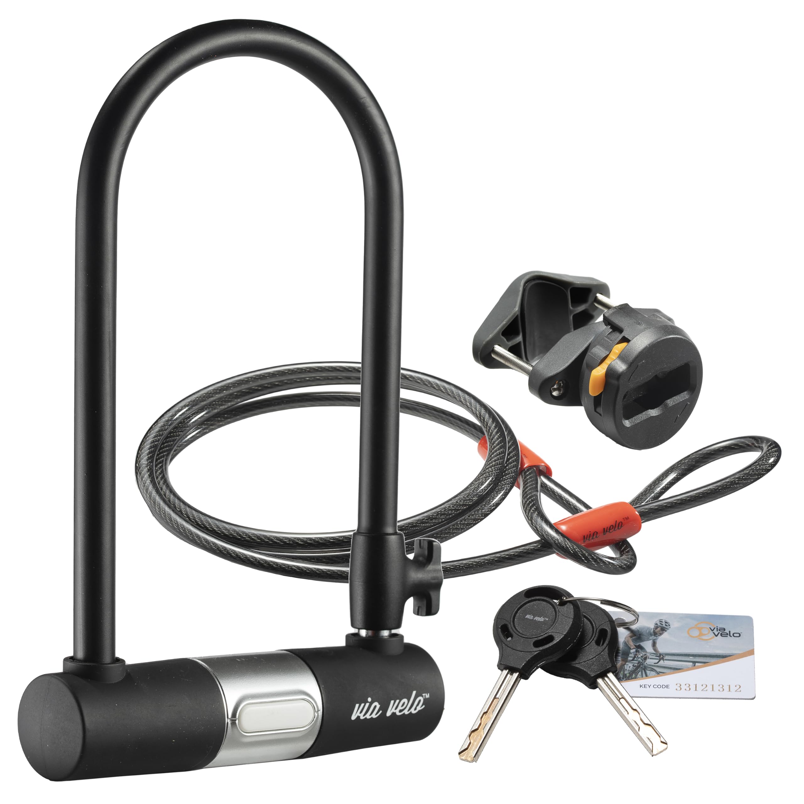 Bike U Lock with Cable | Via Velo Heavy Duty Anti-Theft Bicycle U Lock Sold Secure Silver 15mm Shackle Inner Dim 9 x 4.5 in with
