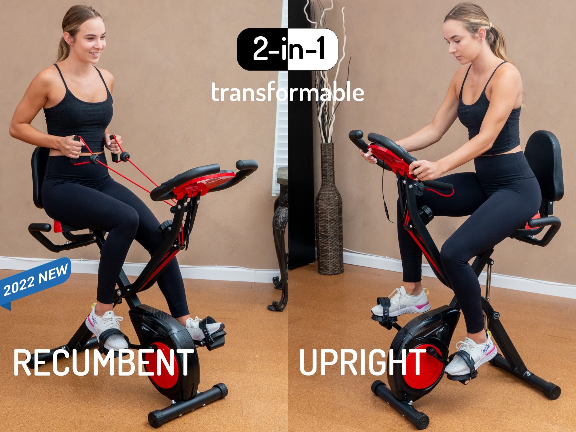 Yyfitt 3-In-1 Folding Exercise Bike, Stationary Bikes For Home With Arm Workout Bands, Indoor Fitness Bike With 16 Levels Magnet