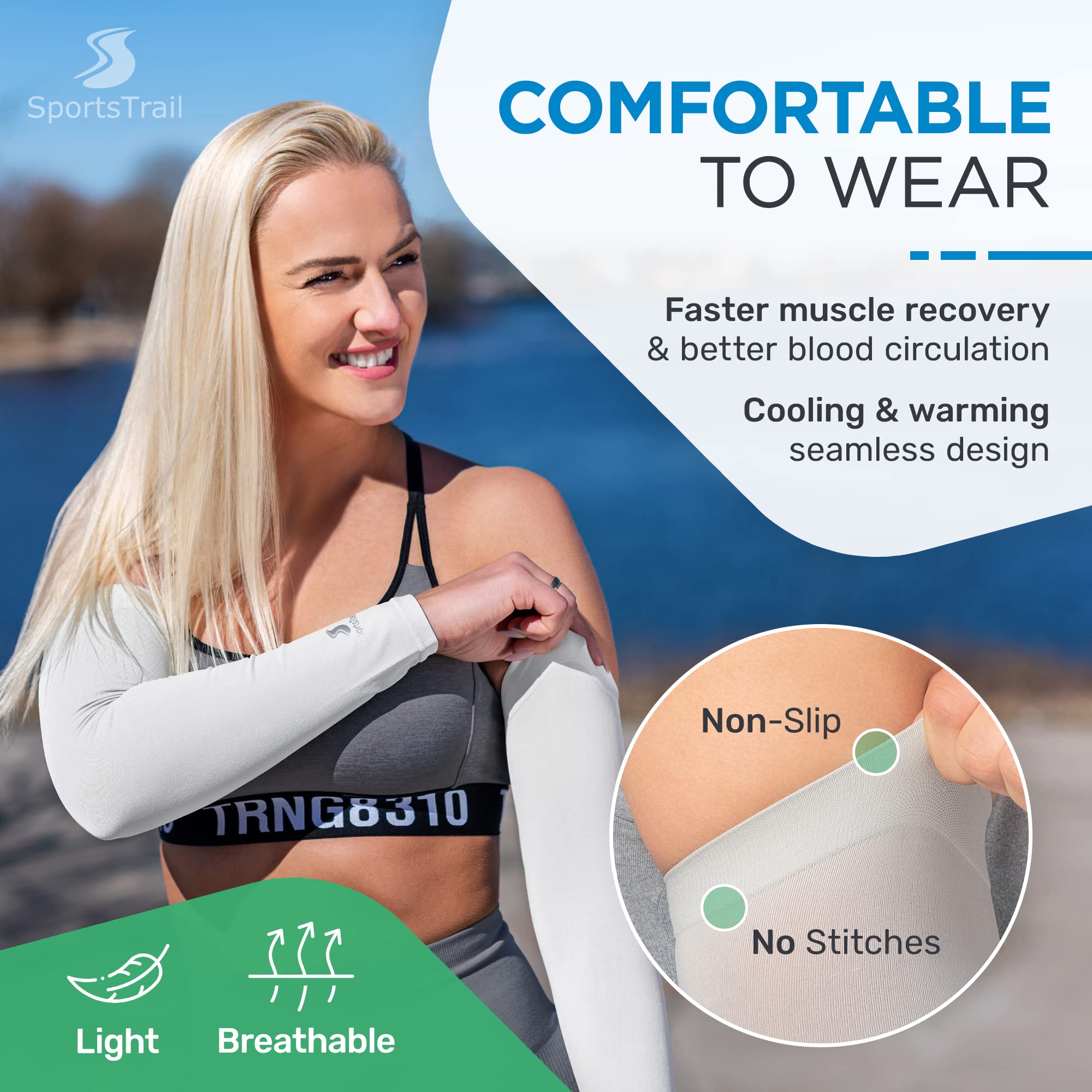Sportstrail Cooling Arm Sleeves For Men & Women - Breathable, Moisture-Wicking Arm Sleeves For Women, Men & Kids - Upf 50 Uv Pro