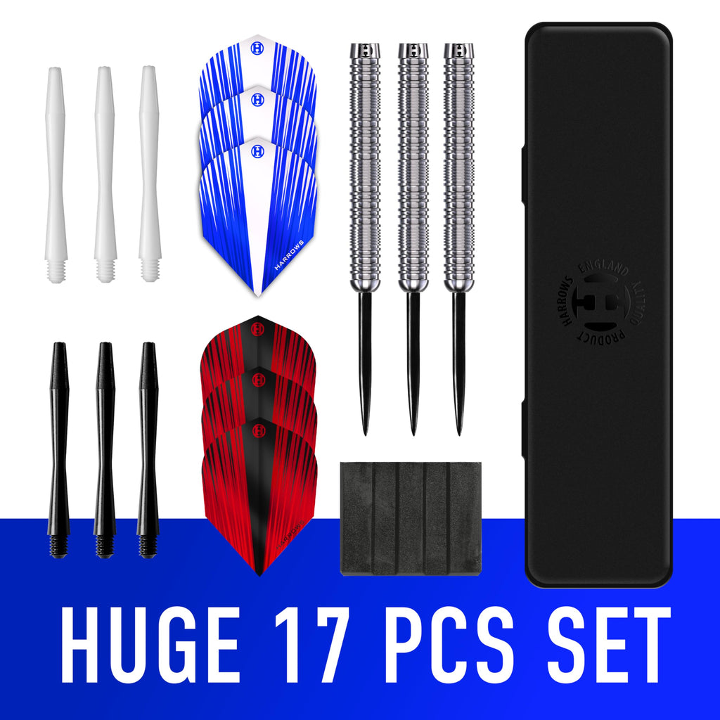 Harrows Caliber 90% Tungsten Steel Tip Darts Set 21G, 23G, & 25G - Includes Spare Shafts, Prime Flights & Travel Case (23, Grams