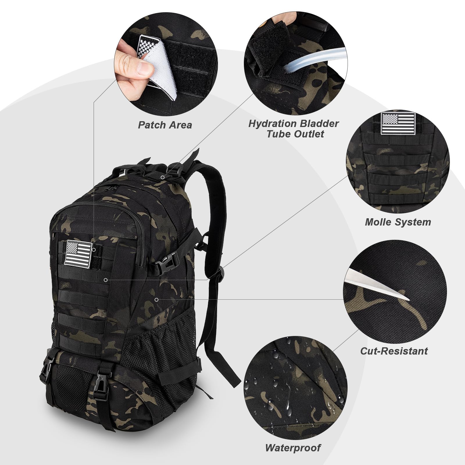 Jueachy Tactical Backpack For Men Hiking Day Pack Molle Military Rucksack Waterproof 30L Edc Bag With Usa Flag Patch Black Cp St
