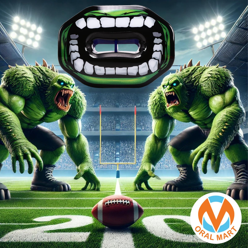 Oral Mart Football Mouth Guard (Green Monster) - Lip Guard Mouthpiece - Football Mouthguard Pacifier Protector
