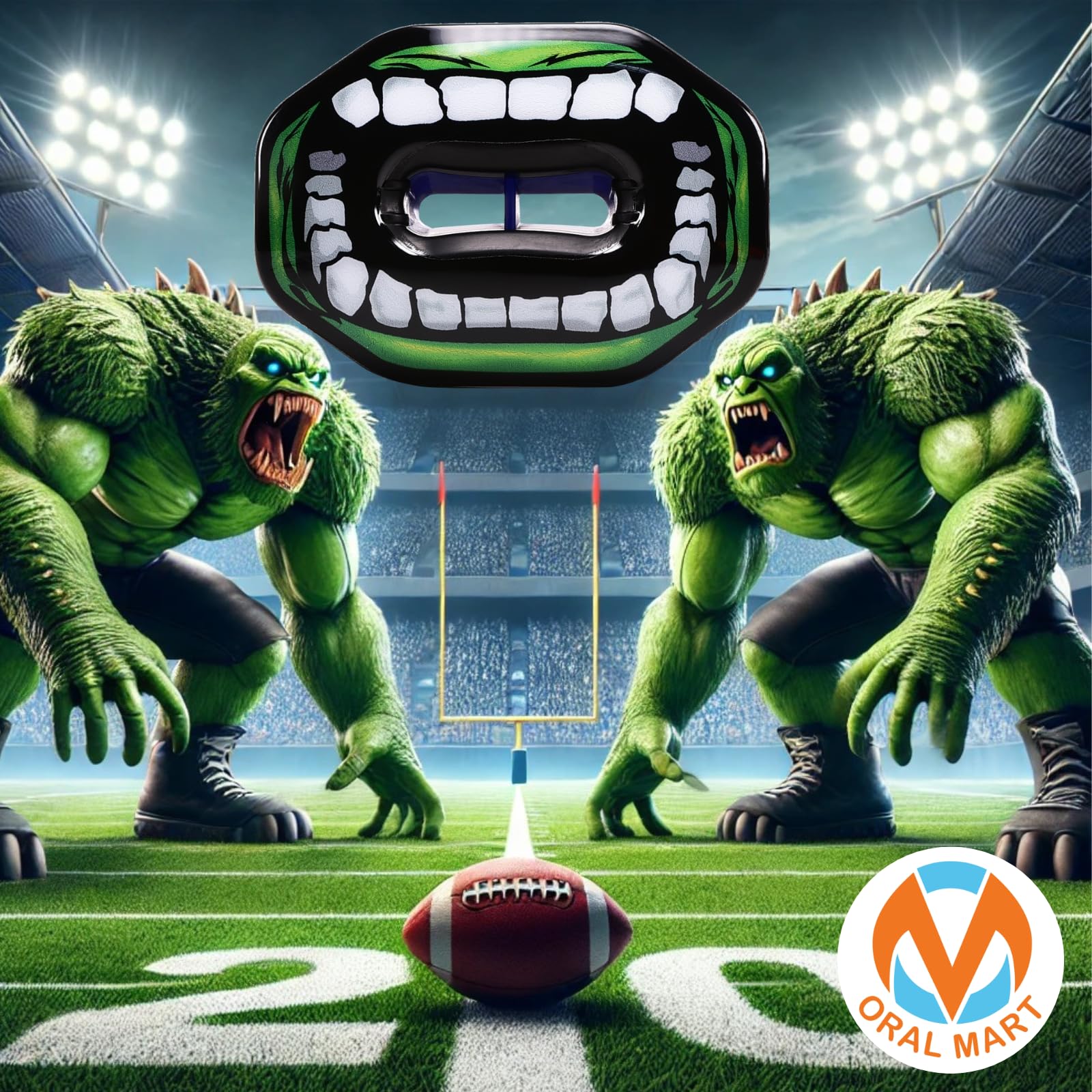 Oral Mart Football Mouth Guard (Green Monster) - Lip Guard Mouthpiece - Football Mouthguard Pacifier Protector