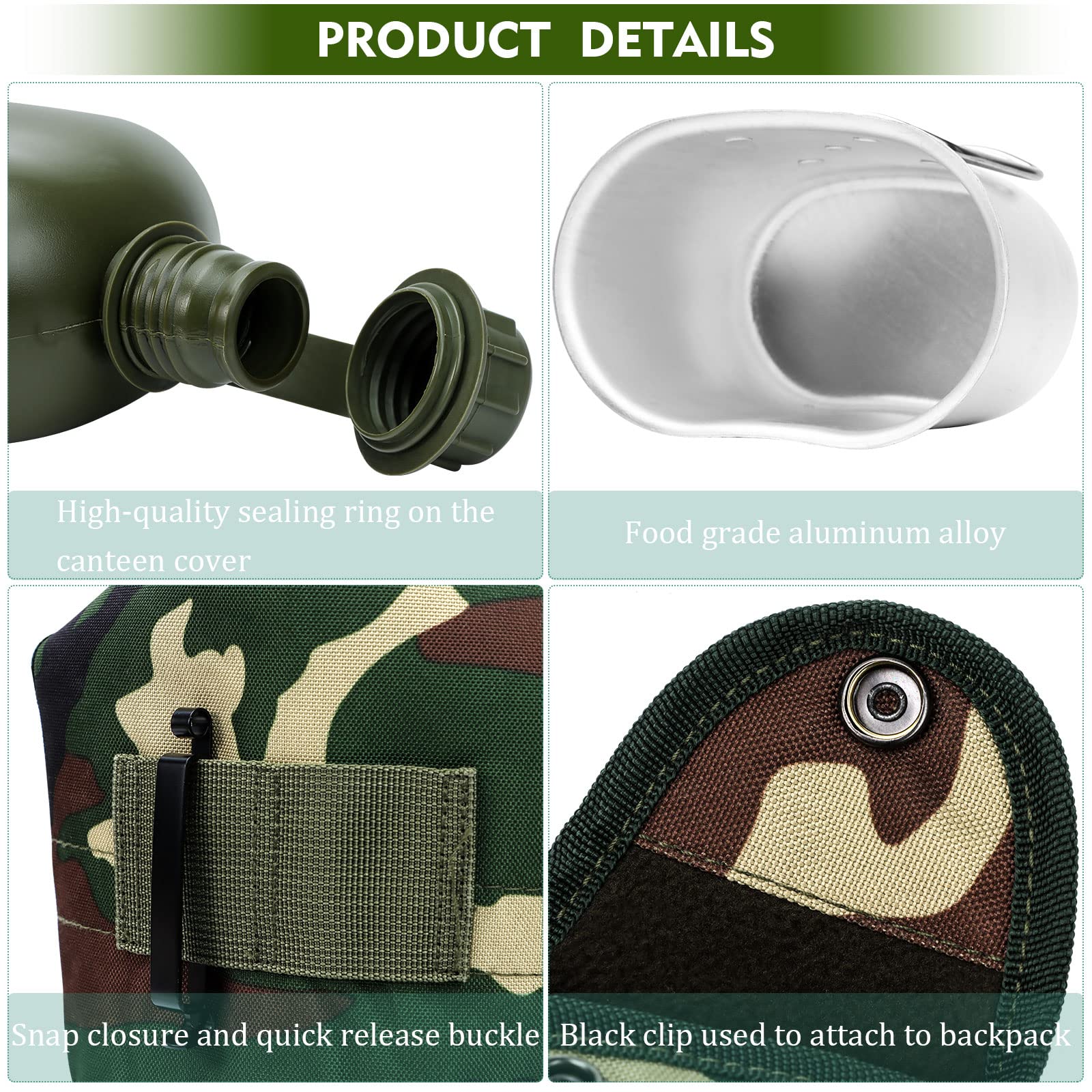 1 Quart Canteen Kit Portable Canteen Hydration Canteens Water Bottle With Reinforced Nylon Bottle Pouch Cover Bag,Aluminum Cup A