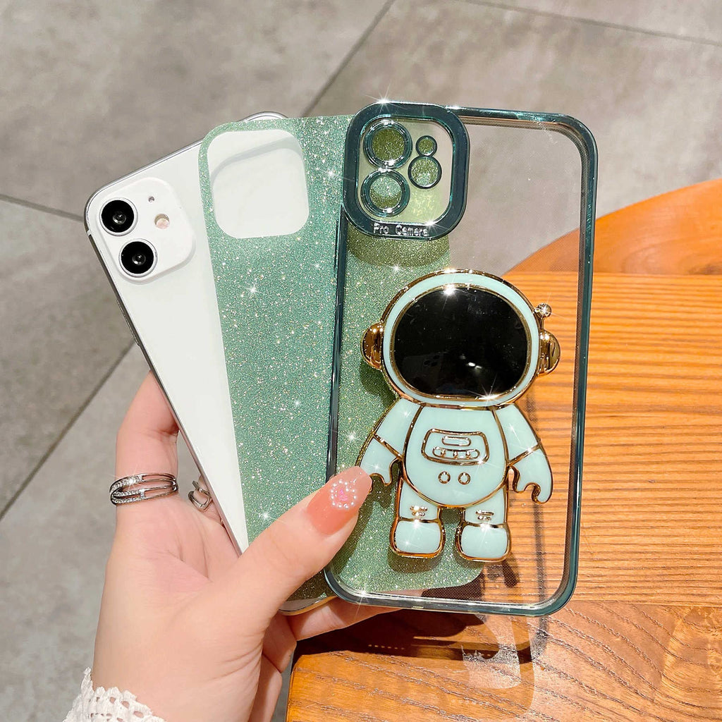 Mgqiling Compatible For Iphone 11 Bling Plating Astronaut Hidden Stand Case, Cute 6D Stand Glitter Phone Case For Women Girls So