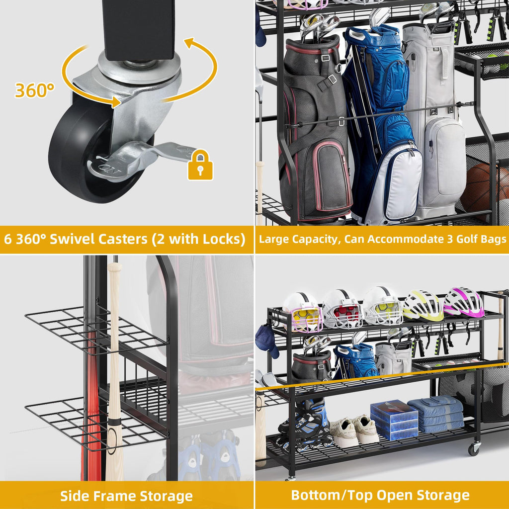 DWVO Sports Equipment Organizer, 3 Golf Bags Storage Stand with Wheels, Sport Gear Accessories Rack and Ball Organizer Bin for G