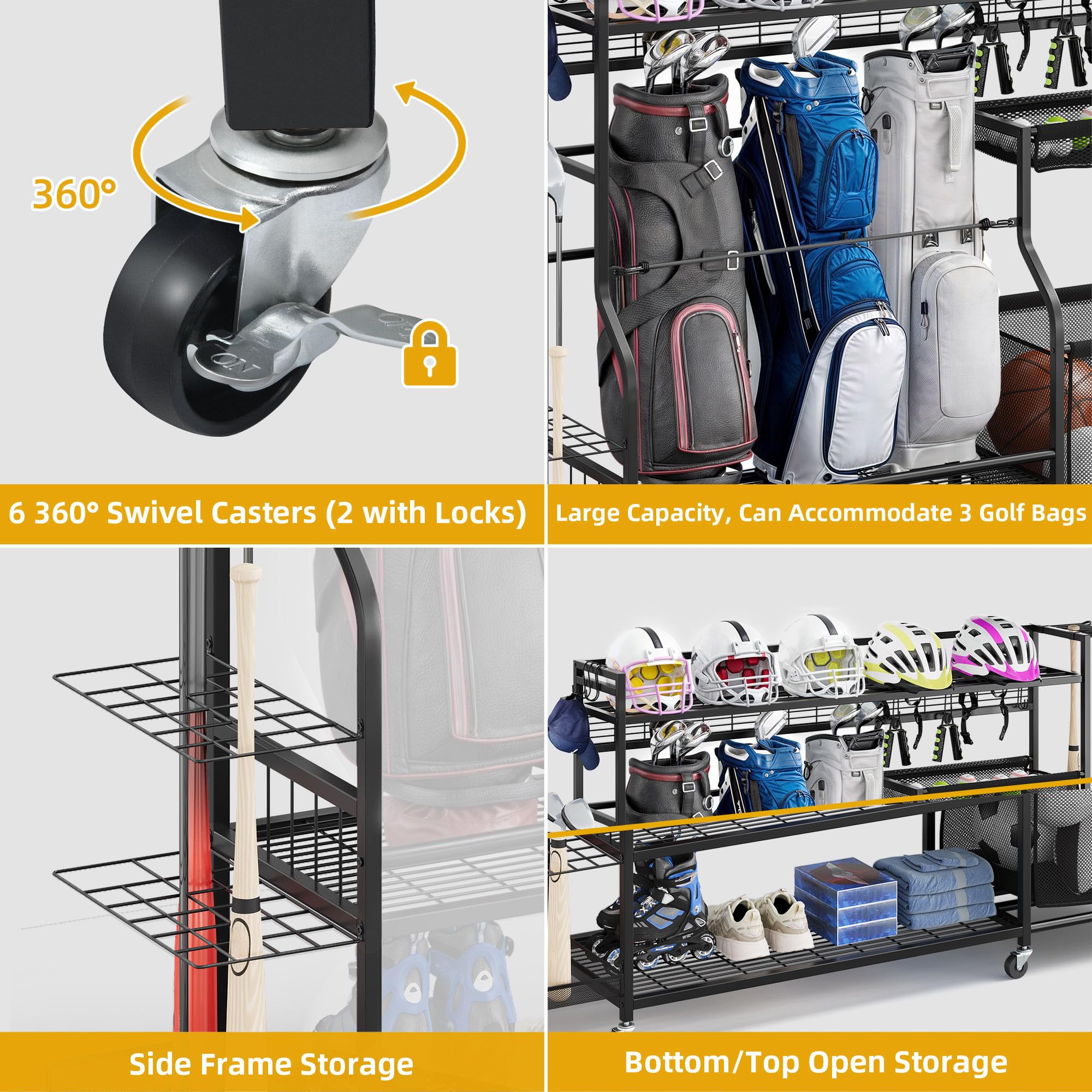 DWVO Sports Equipment Organizer, 3 Golf Bags Storage Stand with Wheels, Sport Gear Accessories Rack and Ball Organizer Bin for G