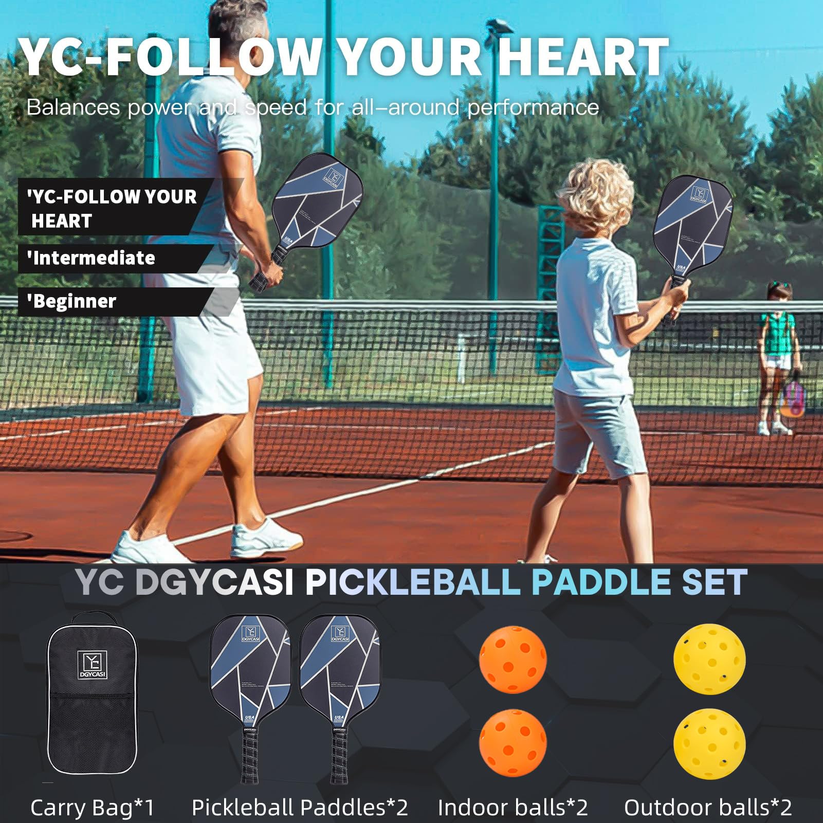 Yc Dgycasi Graphite Pickleball Paddles Set Of 2, 2023 Usapa Approved, Carbon Fiber Surface (Chs), Polypropylene Honeycomb Core,