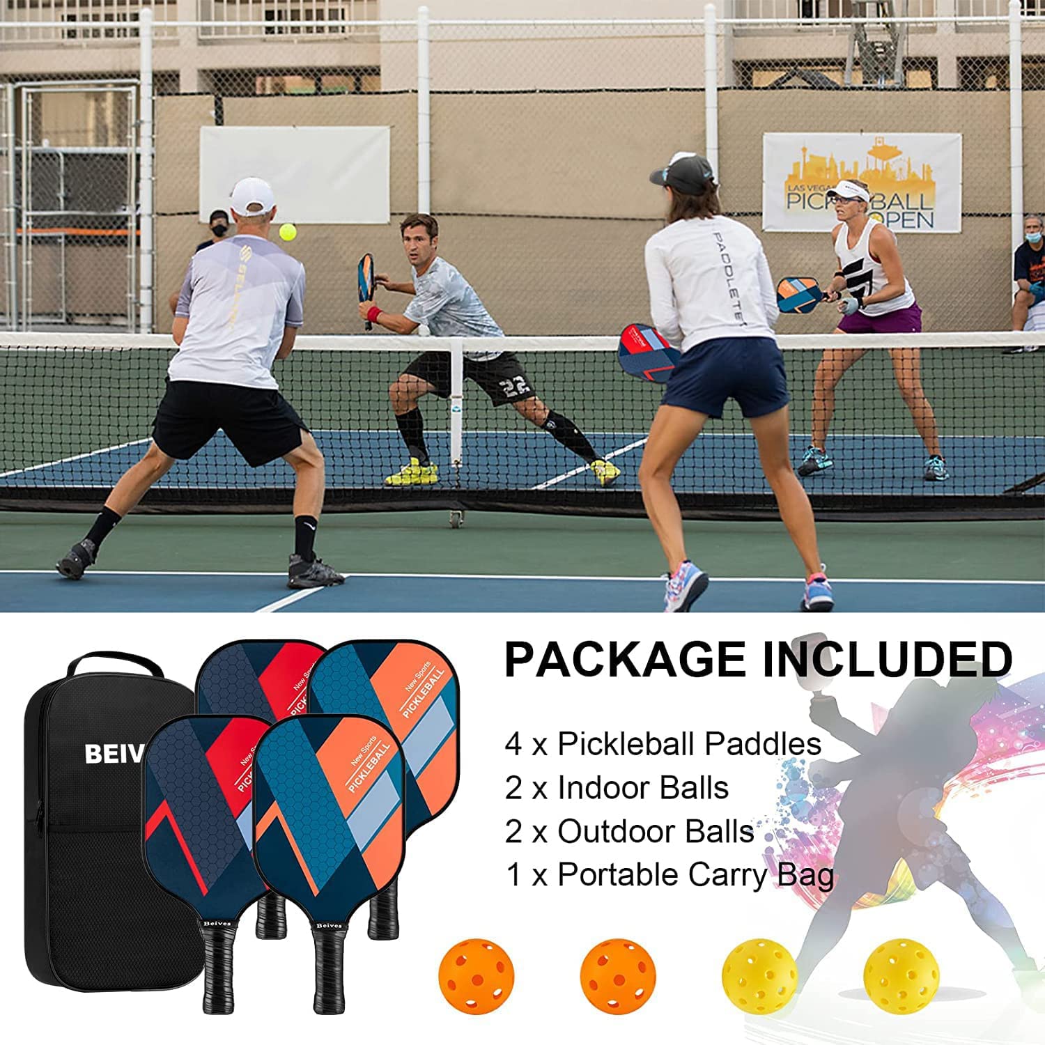 Beives Pickleball Paddles Set Of 4 Pickleball Set Pickle Ball Raquette, 4 Pickleball Rackets With 4 Balls And Portable Carry Bag