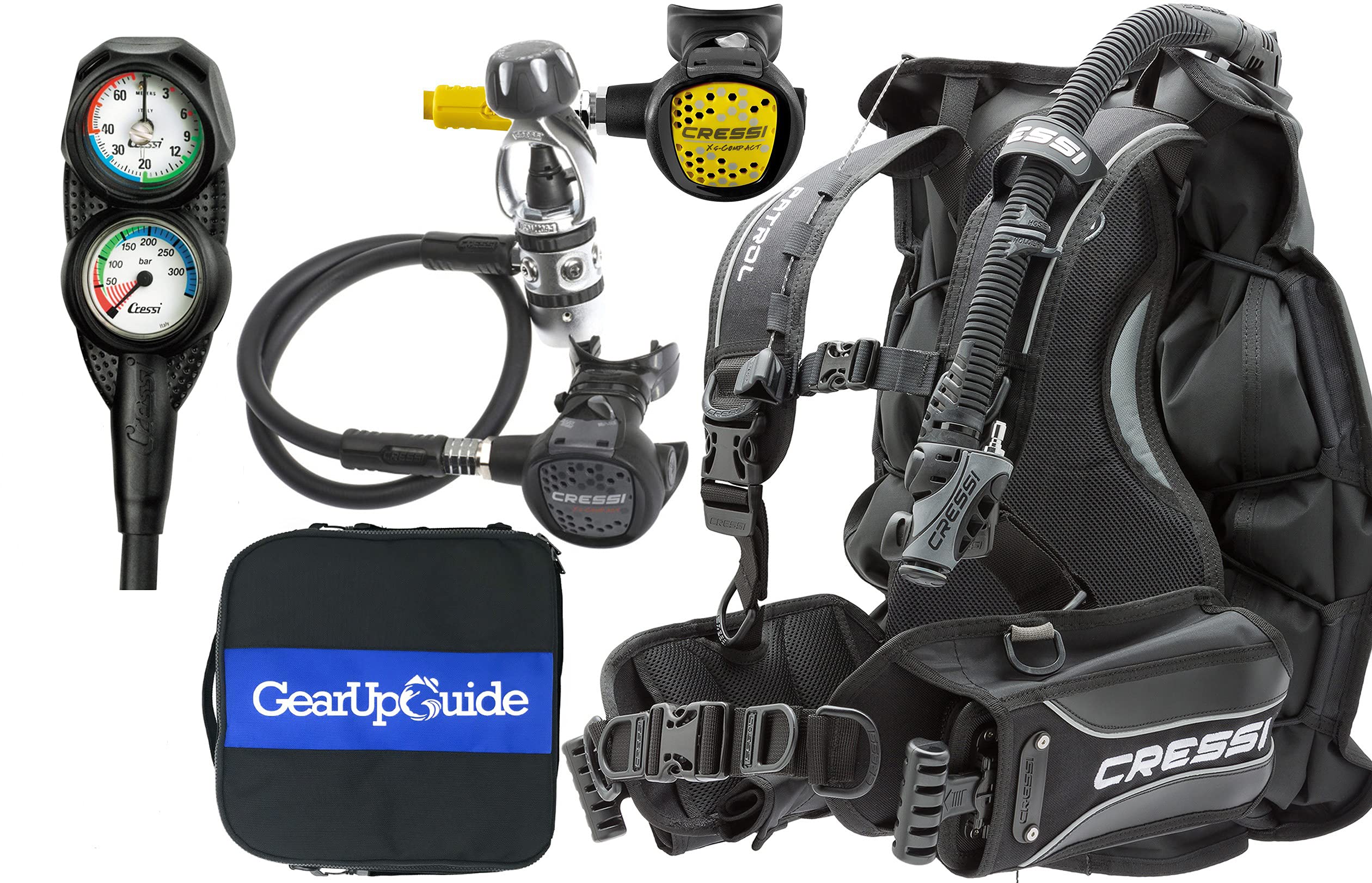 Cressi Patrol BCD Scuba Diving Gear w/ AC2 Compact Regulator, Compact Octo, Mini Console PD2 & GupG Regulator Bag, S