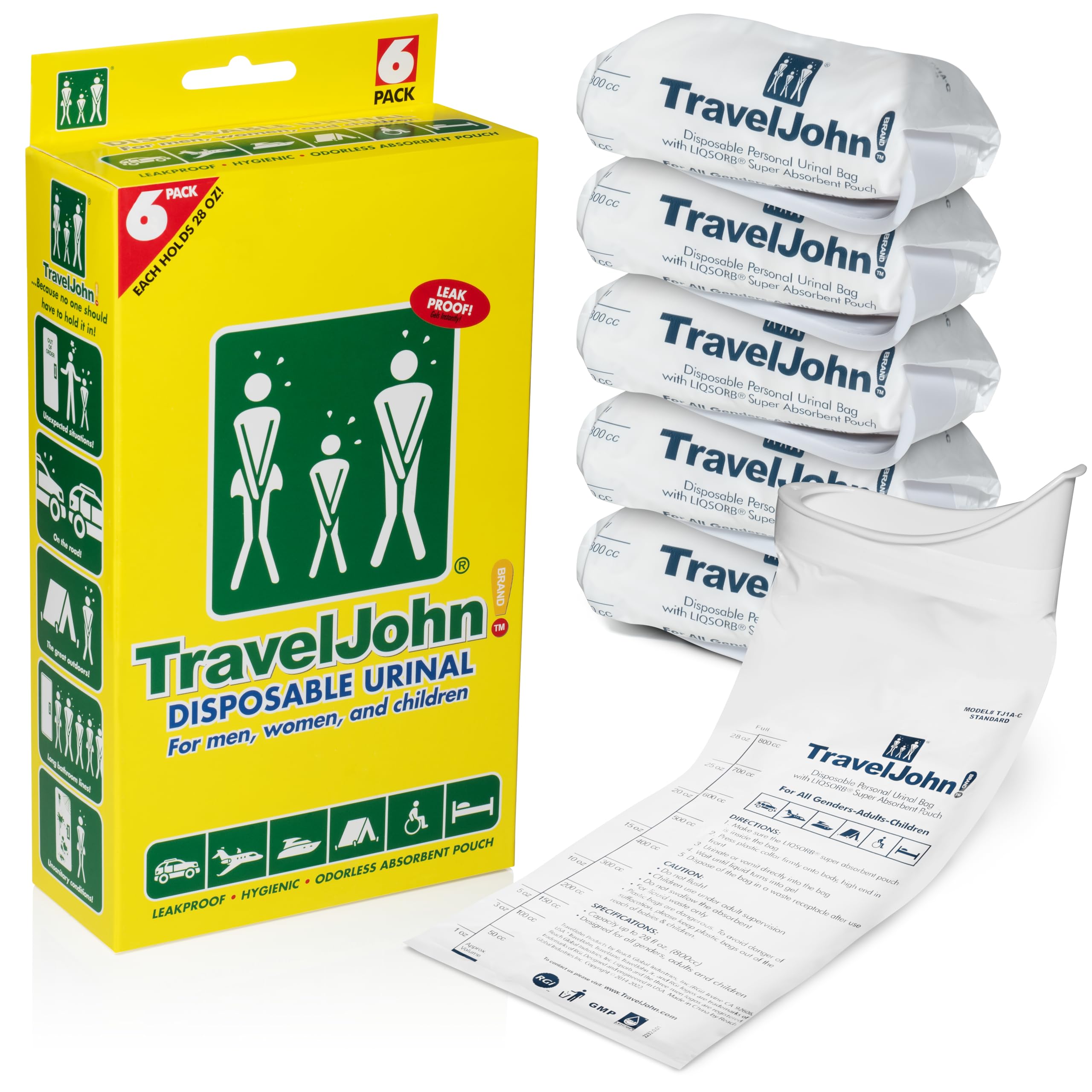 Traveljohn Disposable Urinal For All Genders, Adults, And Children (6 Pack) Designed For Emergencies, Travel, Camping, Long Car 