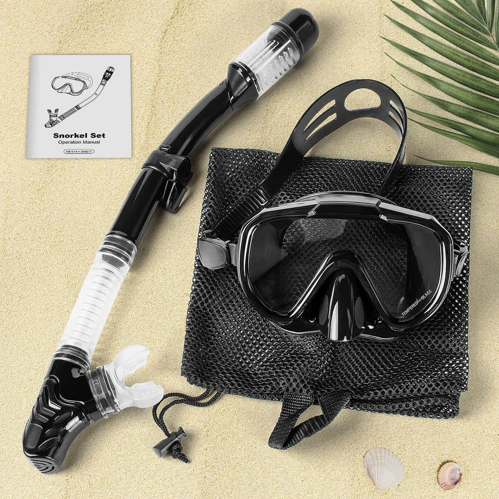 Snorkel Set, Dry Top Snorkeling Gear For Adults, Panoramic Anti-Leak And Anti-Fog Tempered Glass Lens, Adults Adjustable Snorkel