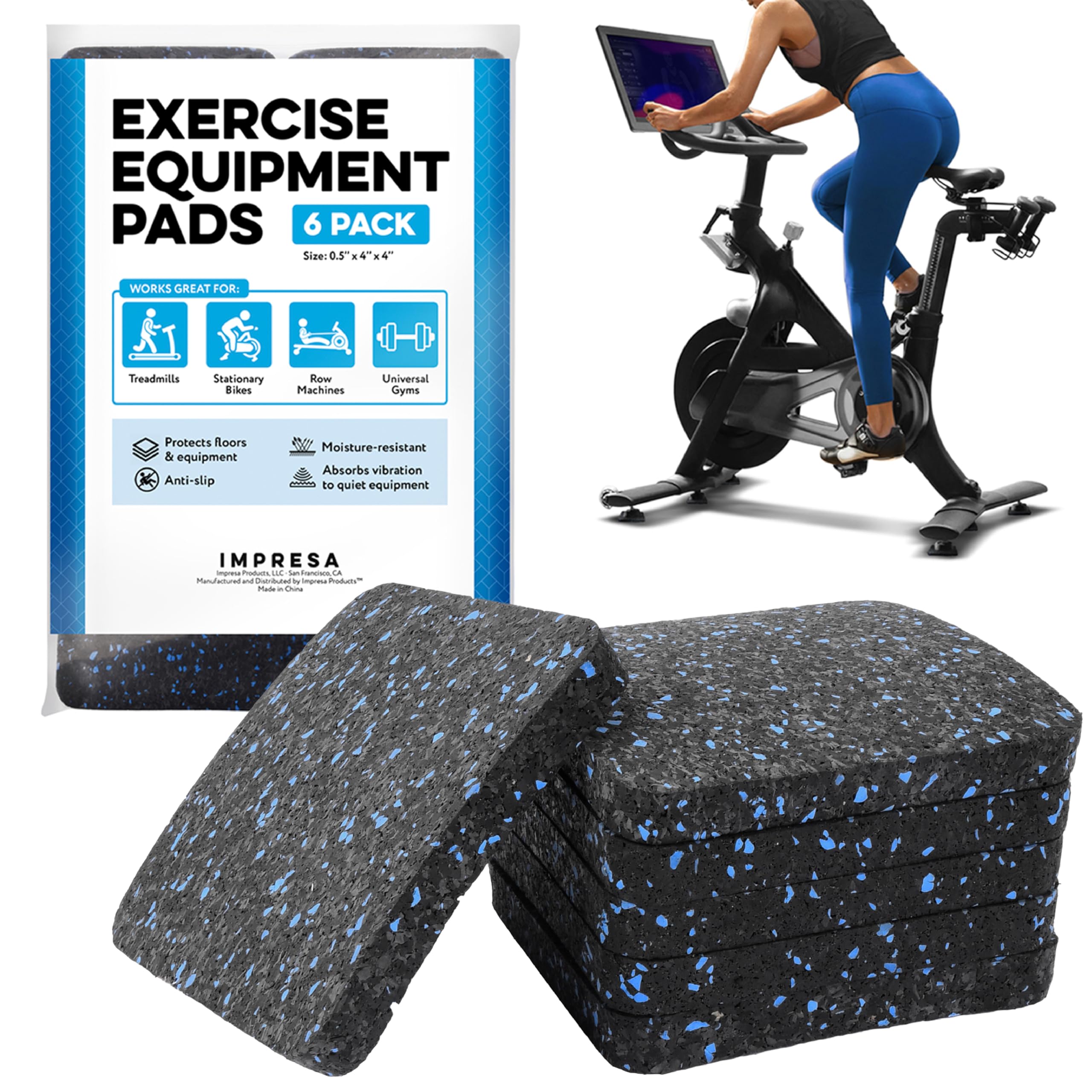 [6 Pack] Exercise Equipment Mat 4'' X 4'' X 0.5'' Pads - Treadmill Mat For Carpet Protection - Protective Anti-Slip Treadmill Pa