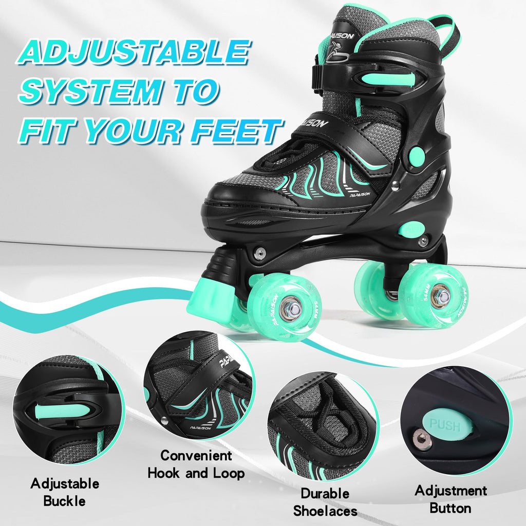PAPAISON Roller Skates for Girls Ages 8-12, Adjustable Size Youth Women Quad Skates with Light up Wheels Indoor Outdoor