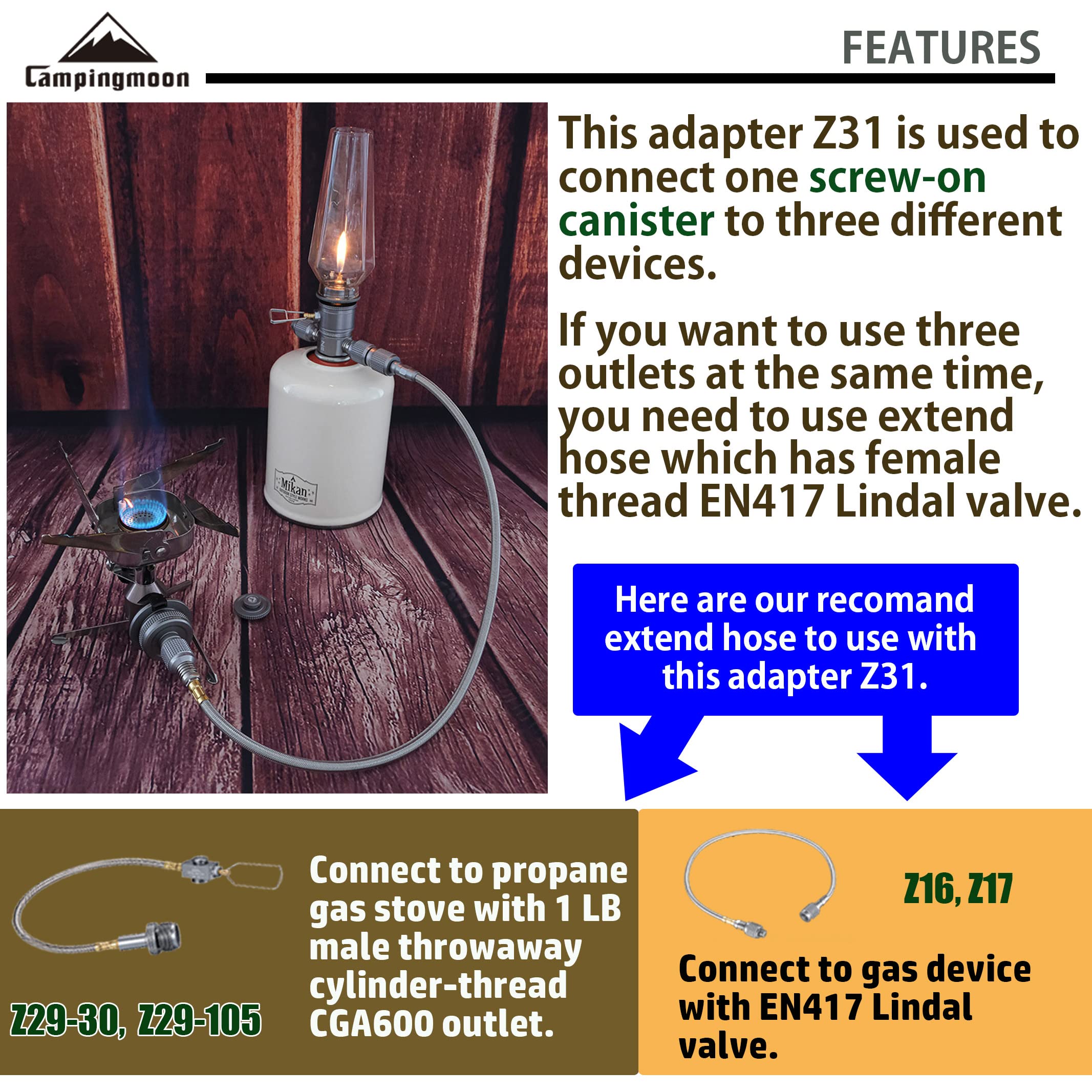 Campingmoon 3 Outlet Camping Stove Adapter For En417 Lindal Valve Canister Device Z31