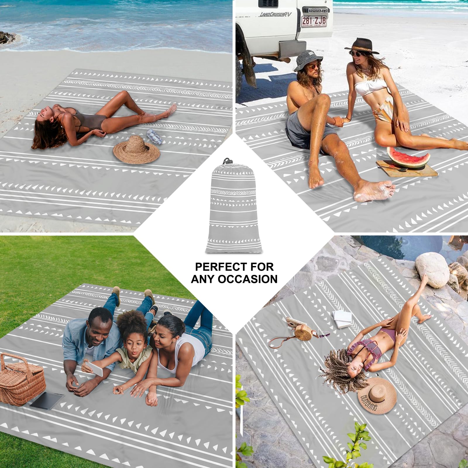 110''  118'' Extra Large Beach Blanket For 8 Adults, Outdoor Beach Mat Sand Free Waterproof With 4 Stakes & 4 Corner Pockets, Po