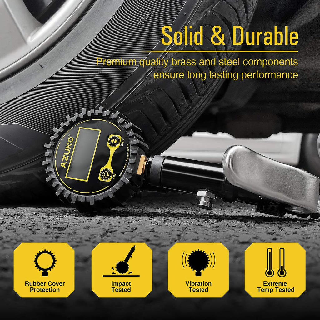 Azuno Digital Bicycle Tire Inflator Gauge With Auto-Select Valve Type - Presta And Schrader Air Compressor Tool