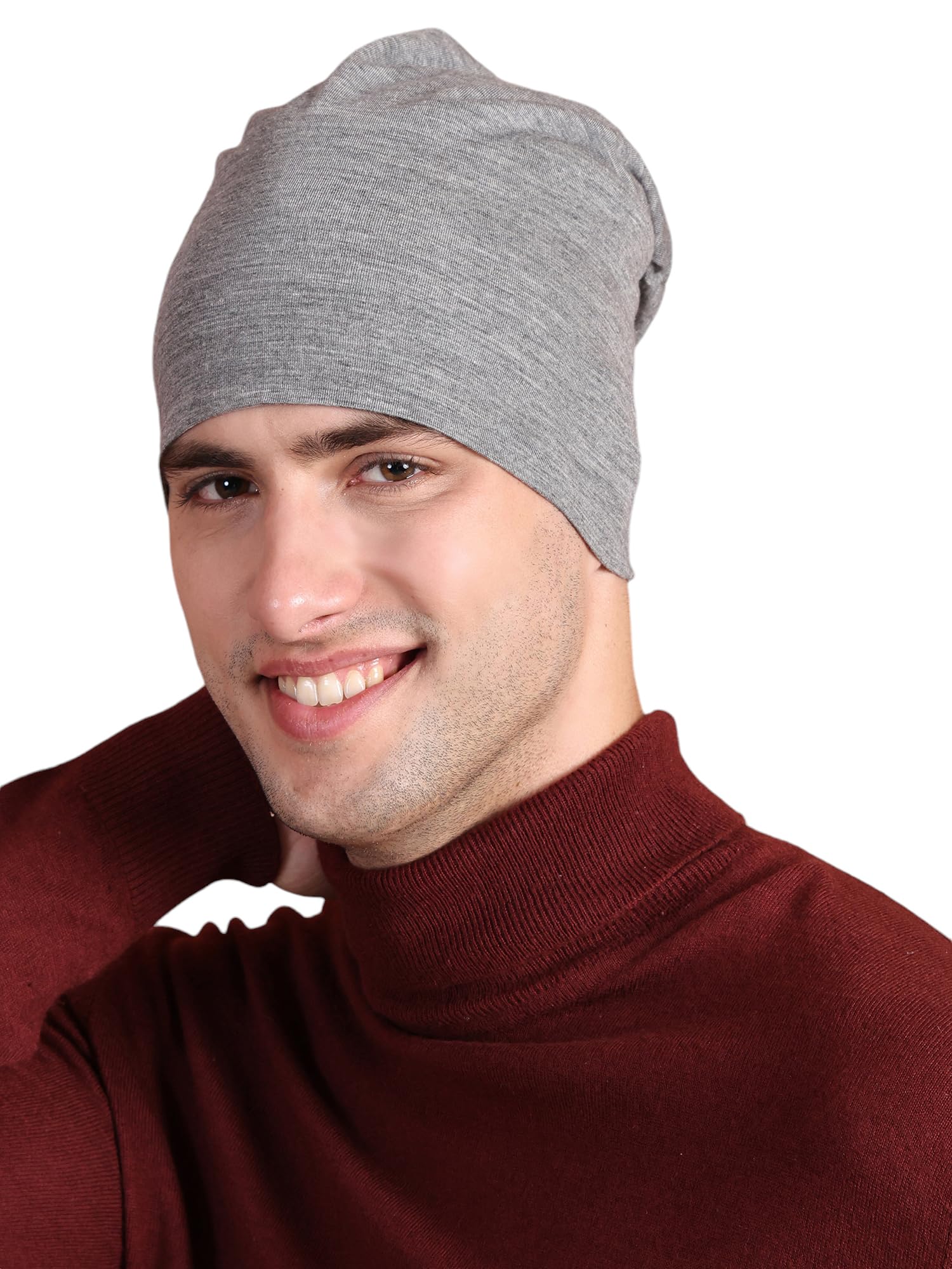 Vimal Jonney Grey Cotton Blended Free Size Beanie Cap For MenCap_Melange_01