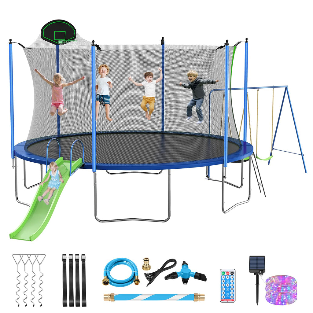 Lyromix 14FT Trampoline with Slide and Swings, Large Outdoor Trampoline with Basketball Hoop, Ladder, Light and Net, Capacity fo