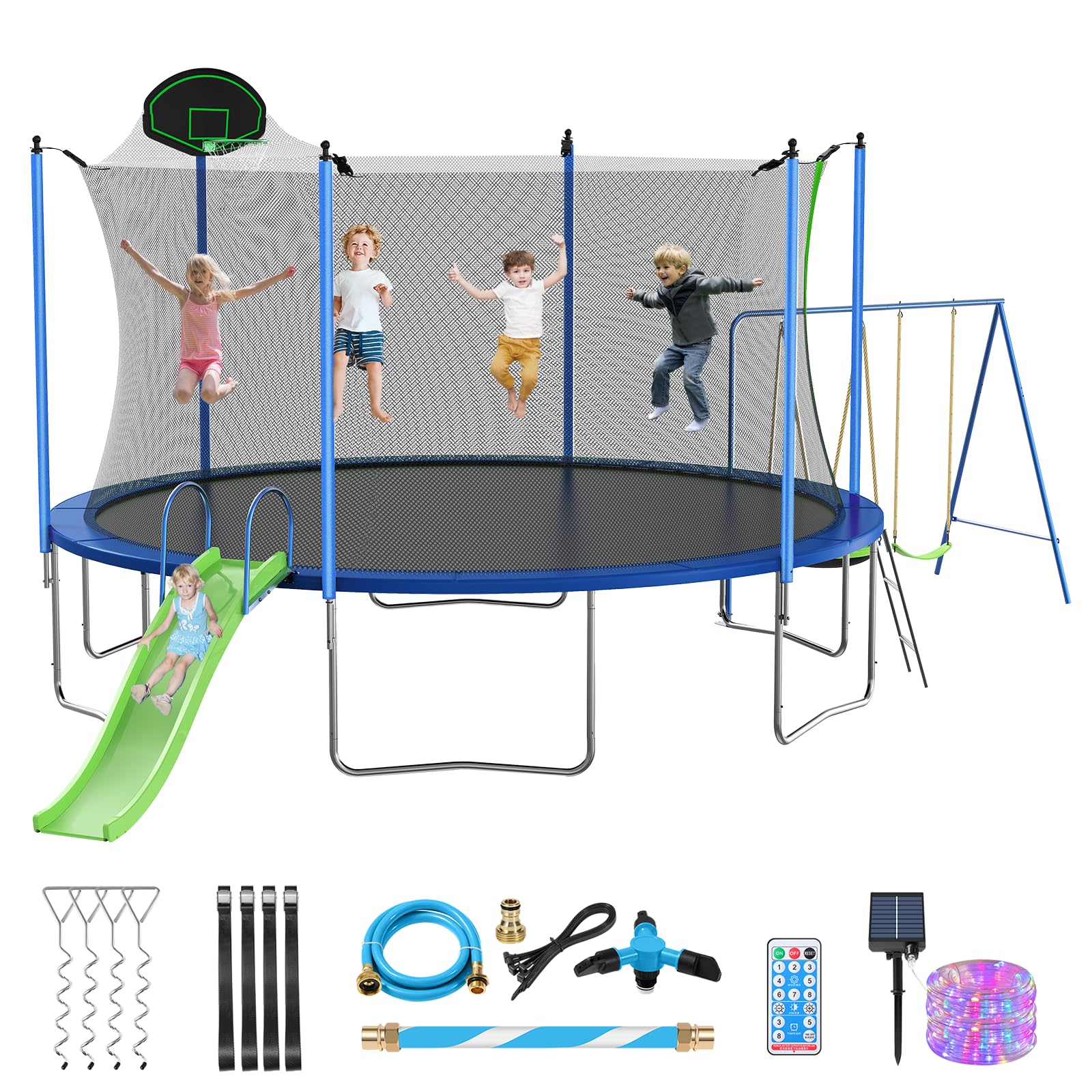 Lyromix 14FT Trampoline with Slide and Swings, Large Outdoor Trampoline with Basketball Hoop, Ladder, Light and Net, Capacity fo