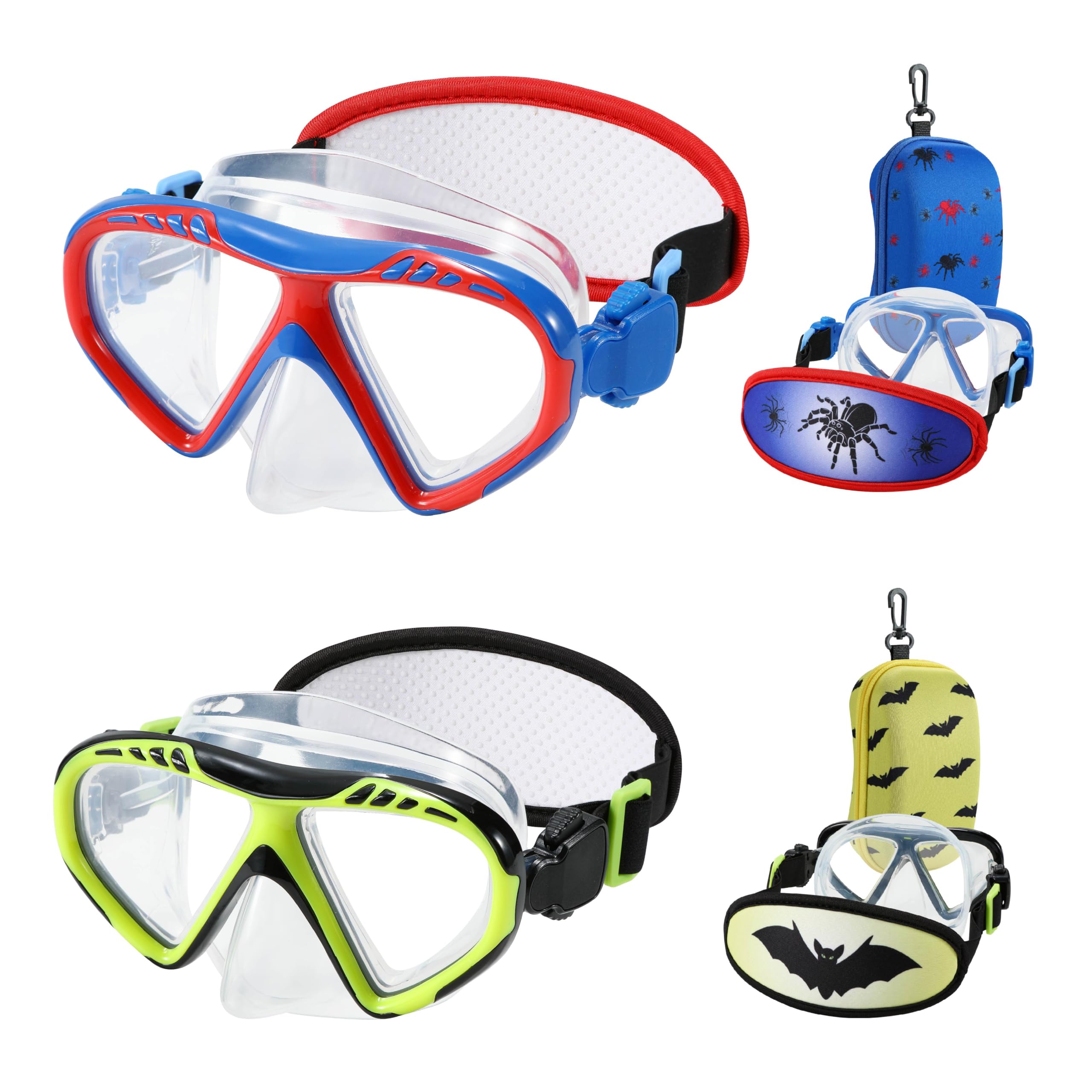 Toddler Goggles Nose Cover, Kid Goggles Fabric Strap, Swimming Goggles Kids 3-6 (2PK - Spider & Bat)