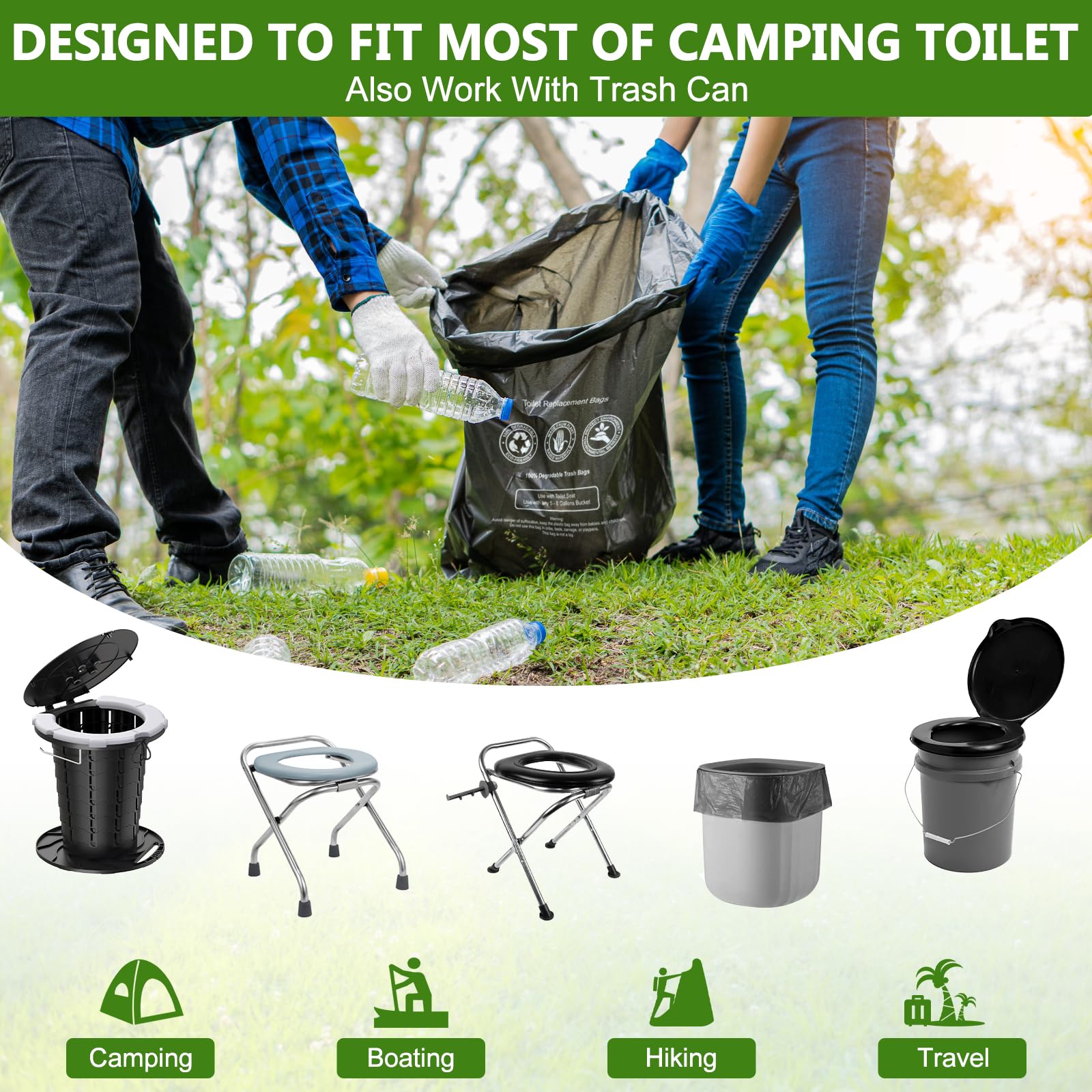 Blika 30 Count Camping Toilet Bags Eco Absorbent Gel Set, Portable Toilet Bags With Gel, 8 Gallon, 30 Liter, Heavy Duty 1 Mil, T