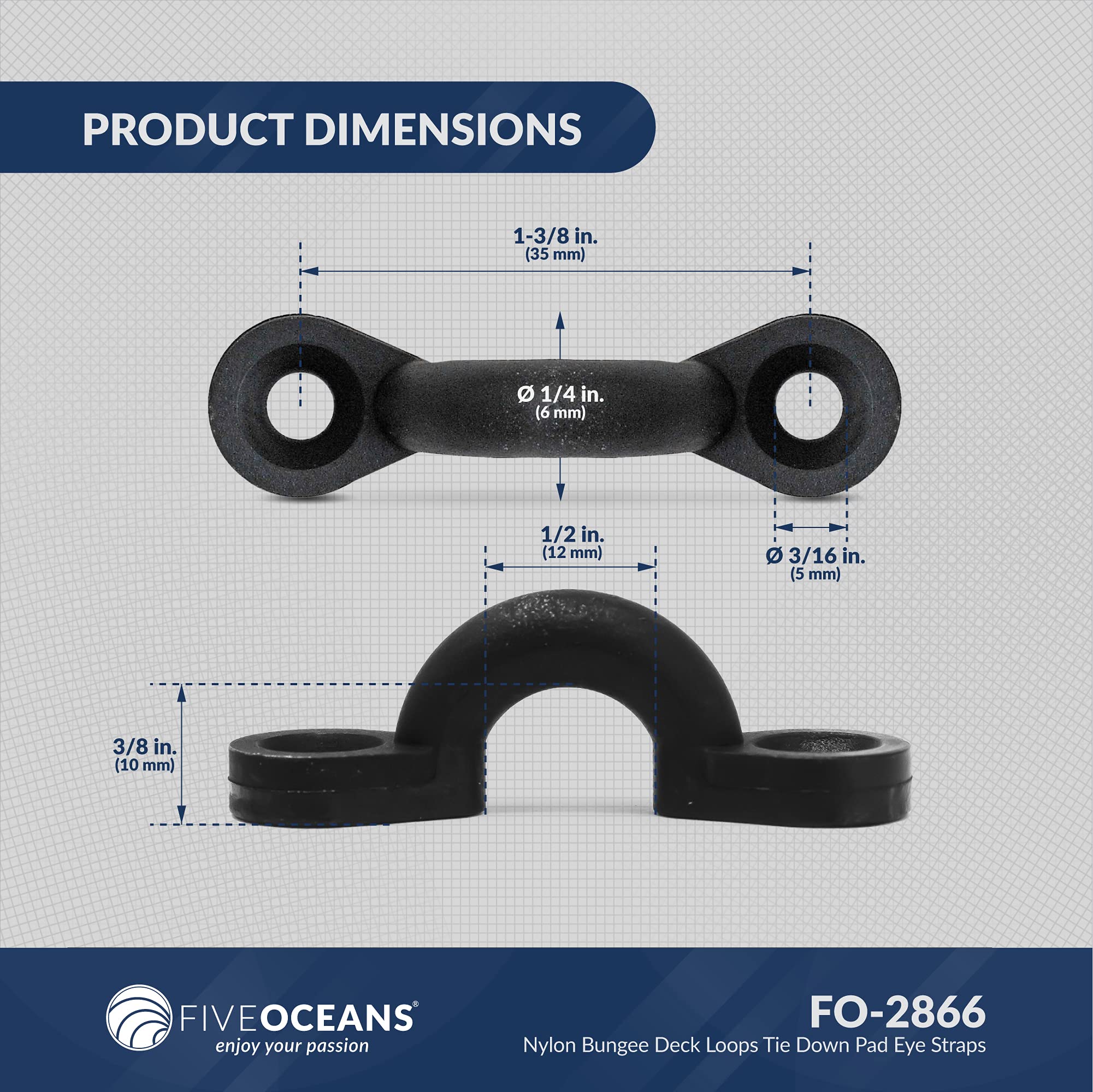 Five Oceans 10-Pack 1/4-Inch Nylon Bungee Deck Loops, Tie Down Pad Eye Straps For Boat Kayak Canoe Deck Rigging - Fo2866