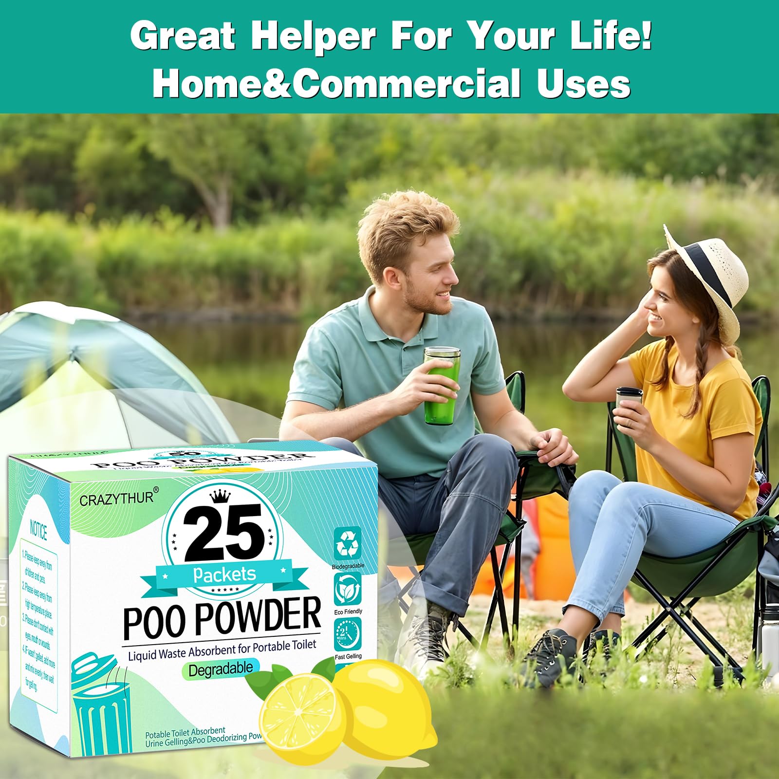 Crazythur Poo Absorbent Gel Powder, 25Pcs Portable Toilet Gel, Camping Toilet Gels, Porta Potty Chemicals,Portable Toilets Powde