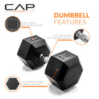 CAP Barbell 70 LB Rubber Coated Hex Dumbbell Hand Weight - Pair | Chrome Handle