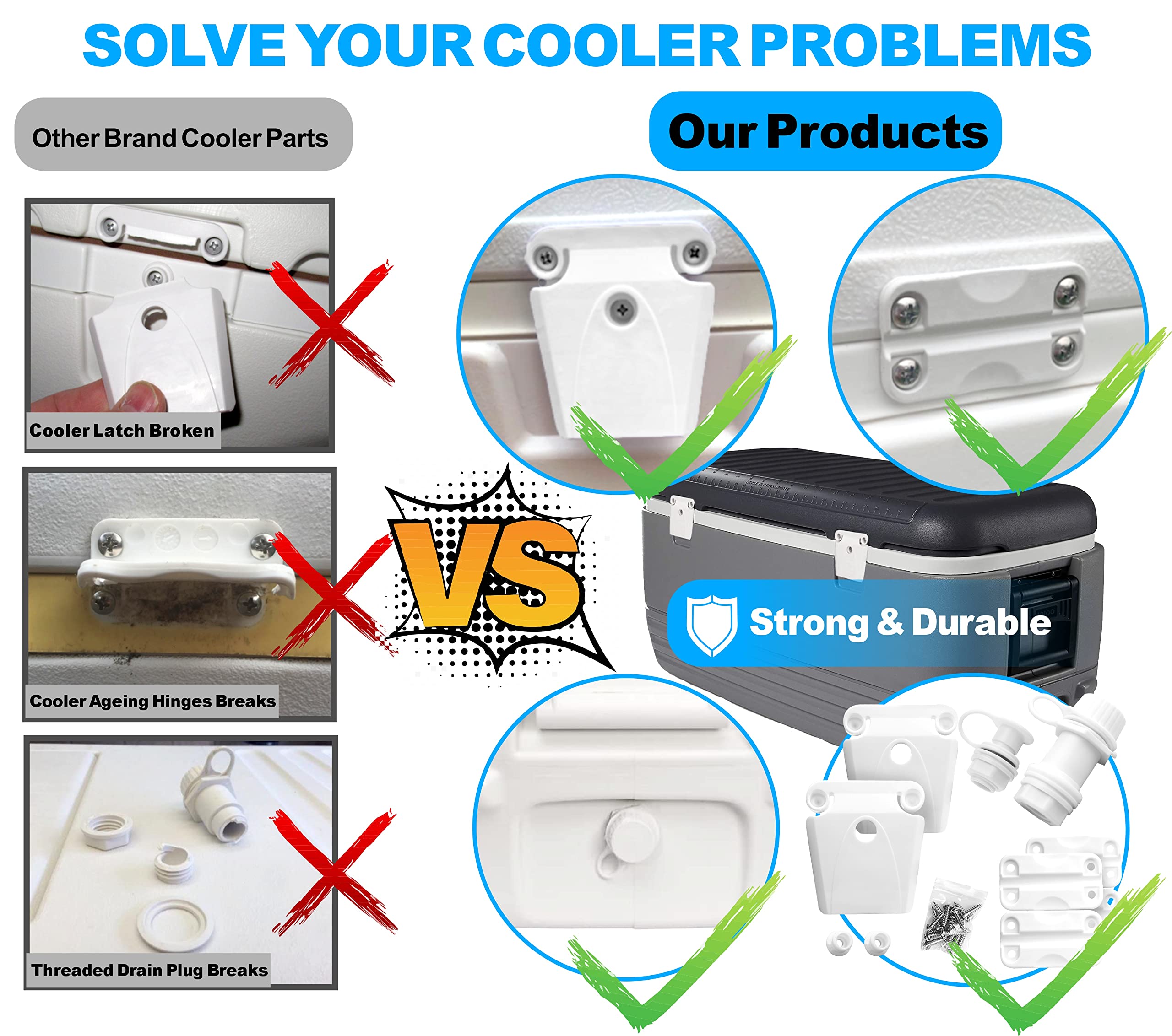 Cooler Replacement Parts Kit, Ice Chest Plastic Hinges, Latch Posts, And Screws, Threaded, And Triple-Snap Drain Plug. The Best