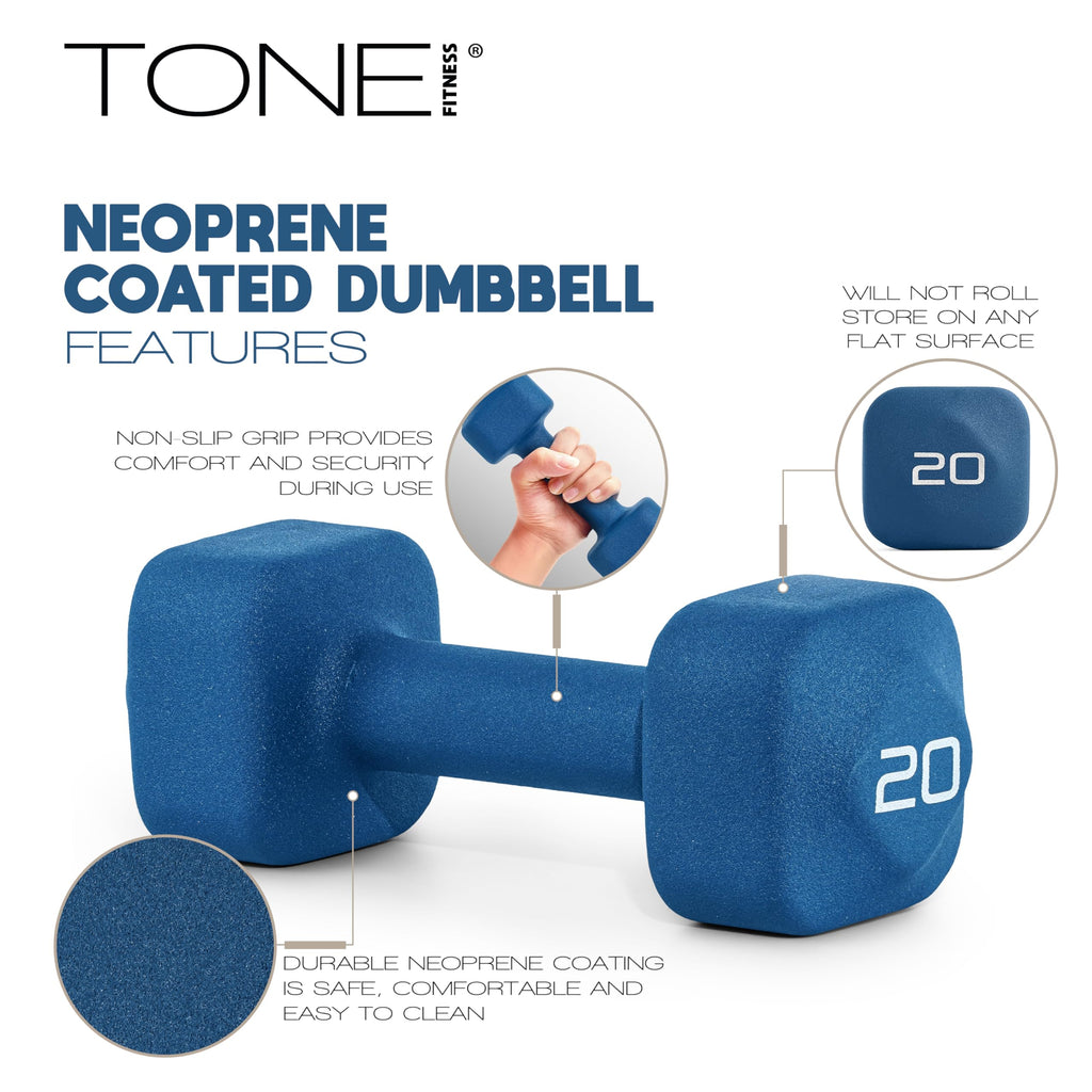 Tone Fitness 20 lb Neoprene Dumbbell Pair for Home Workouts - Non-Slip Design - Gray