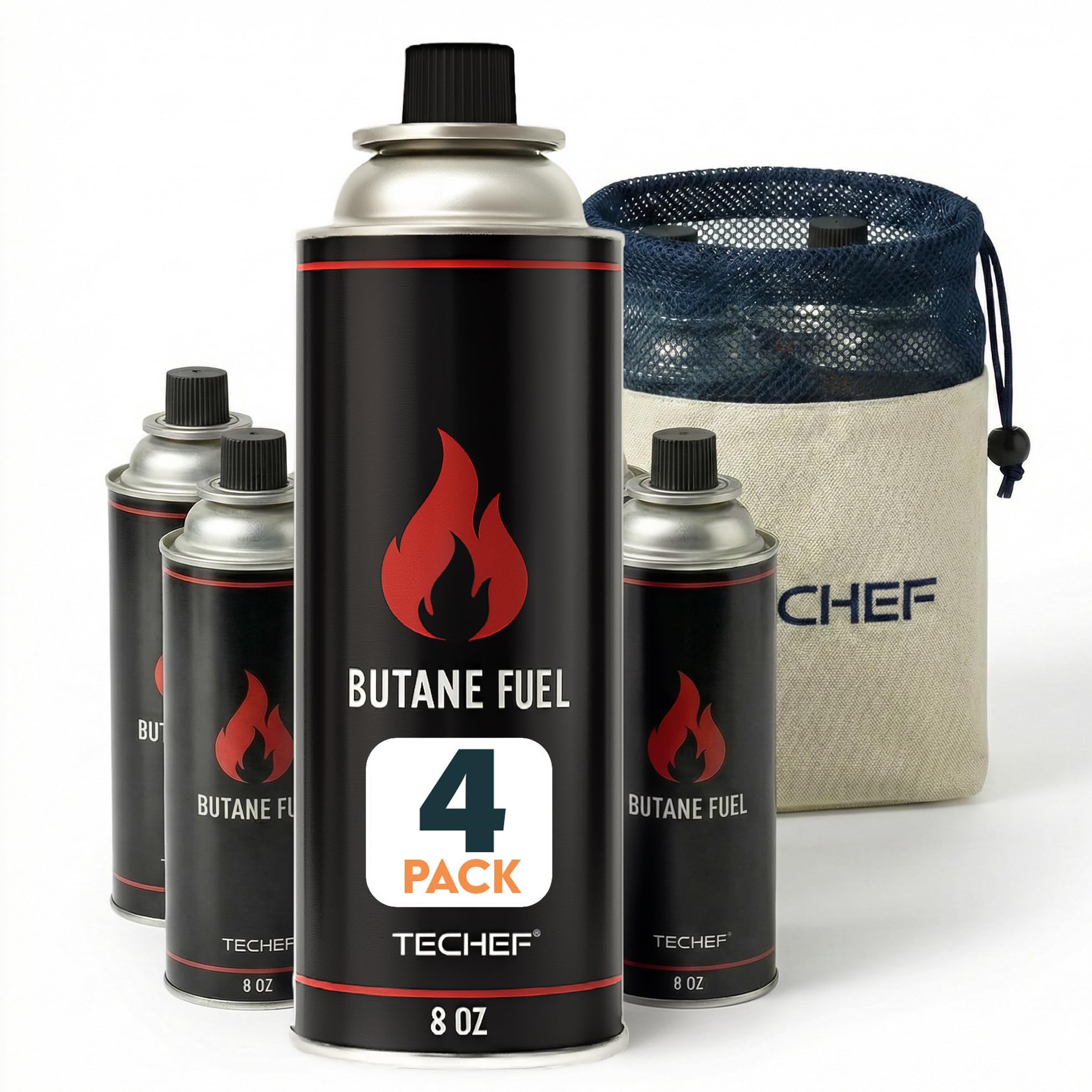 TECHEF 4 Pack x 8oz Butane Gas Fuel Canisters Cylinders Tin with Dual Safety System for Portable Gas Stoves, Camping Stoves, Gas