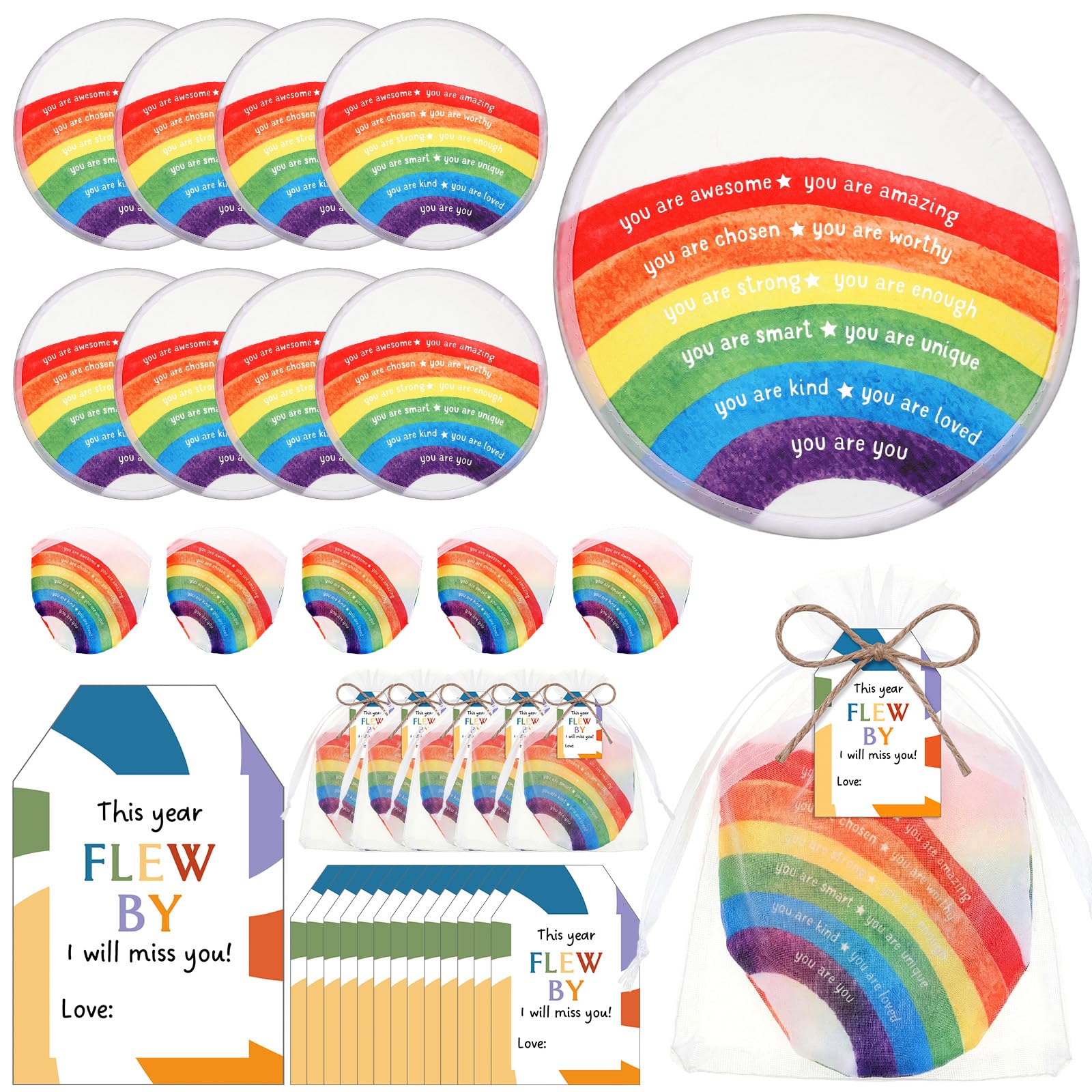 HyDren 18 Set End of The Year Gifts Rainbow Flying Disc Foldable Fans Bulk with Inspirational Card Organza Bag Beach Flying Disc