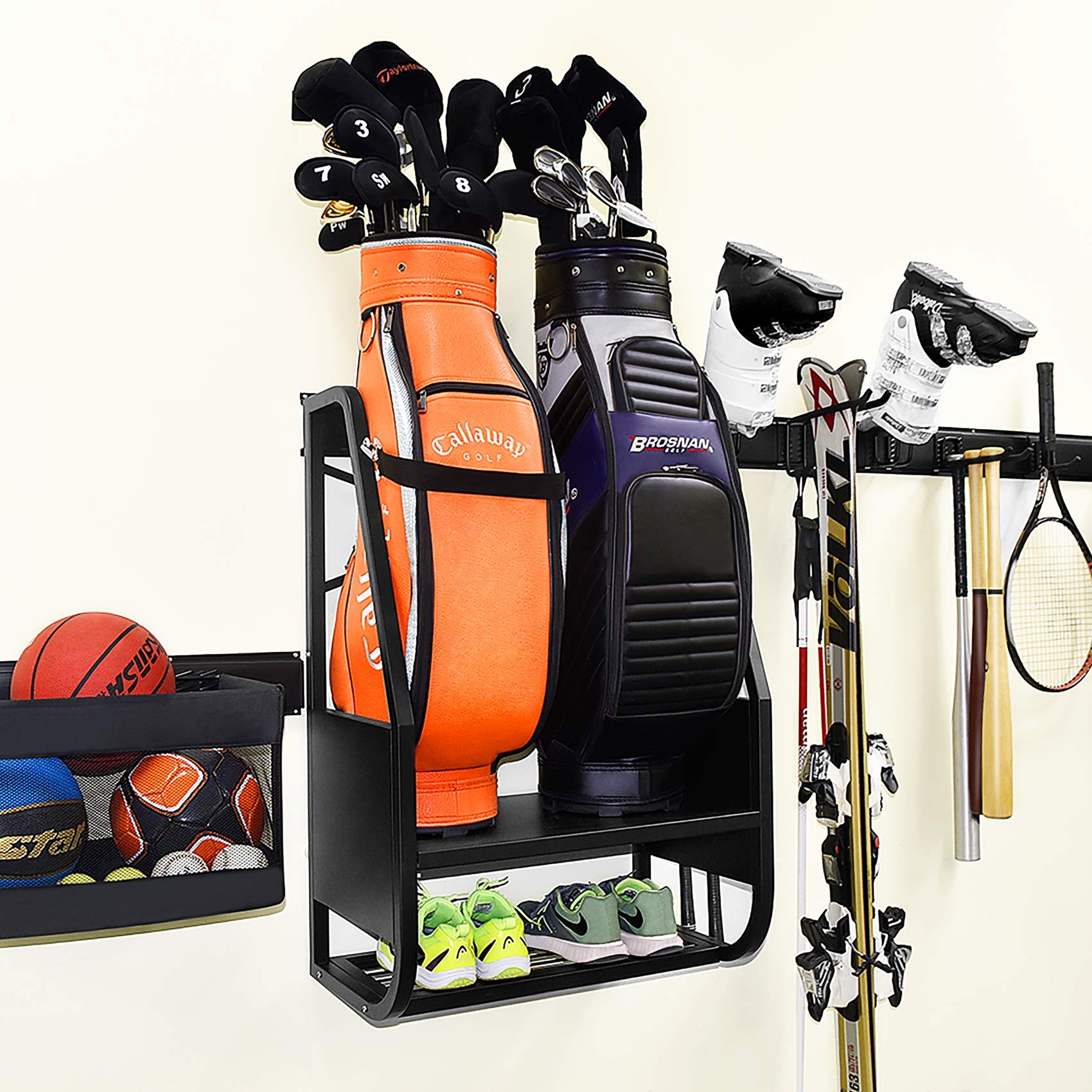Walmann Wall Mount Golf Bag Organizer For Garage, Extra Large 2 Golf Bag Stand Golf Equipment And Accessories Storage Rack For G