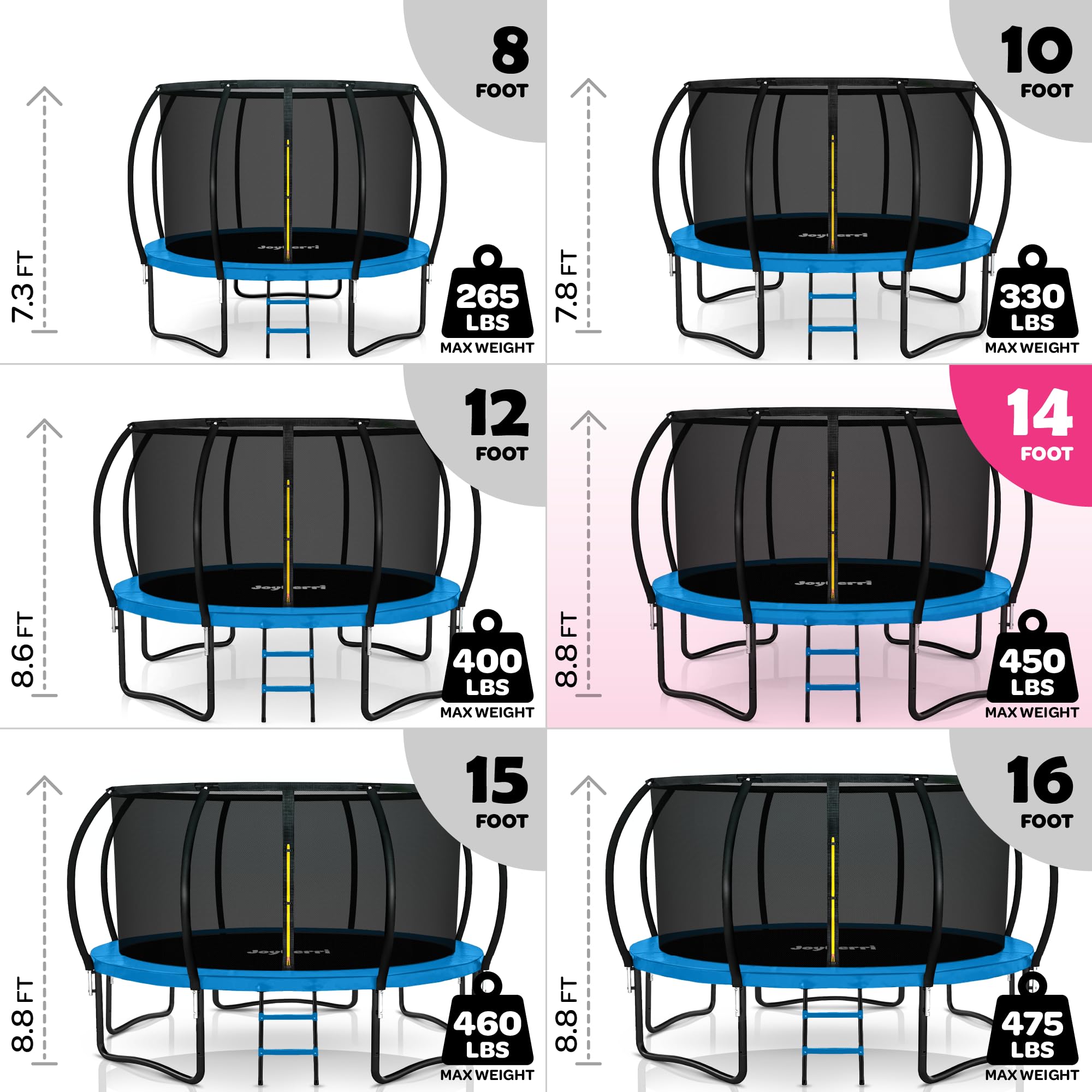 Trampoline for Kids and Adults - 8Ft 10Ft 12Ft 14FT Trampoline with Net - with Bonus Sprinkler and LED Lights/ASTM Certified/Ext