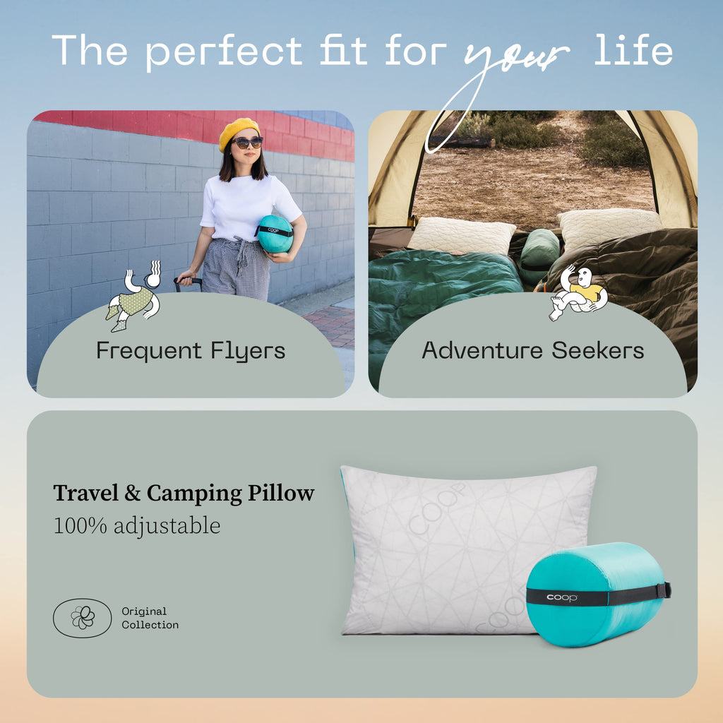 Coop Home Goods Original Adjustable Travel Pillow And Waterproof Pillow Protector Grey Bundle With Compressible Stuff Sack, Medi