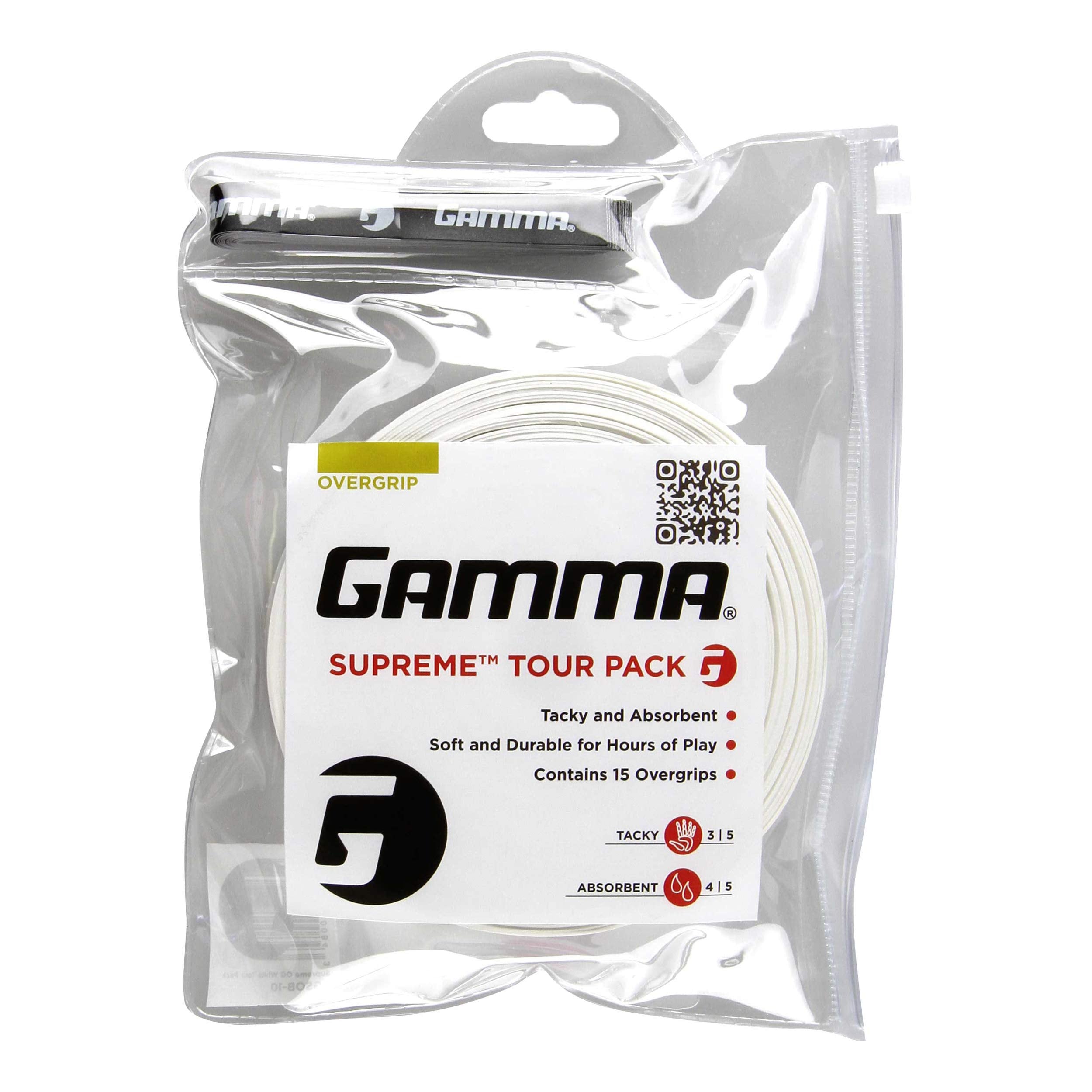 Gamma Sports Supreme Overgrip For Tennis, Pickleball, Squash, Badminton, And Racquetball Racquets, 15-Pack, White