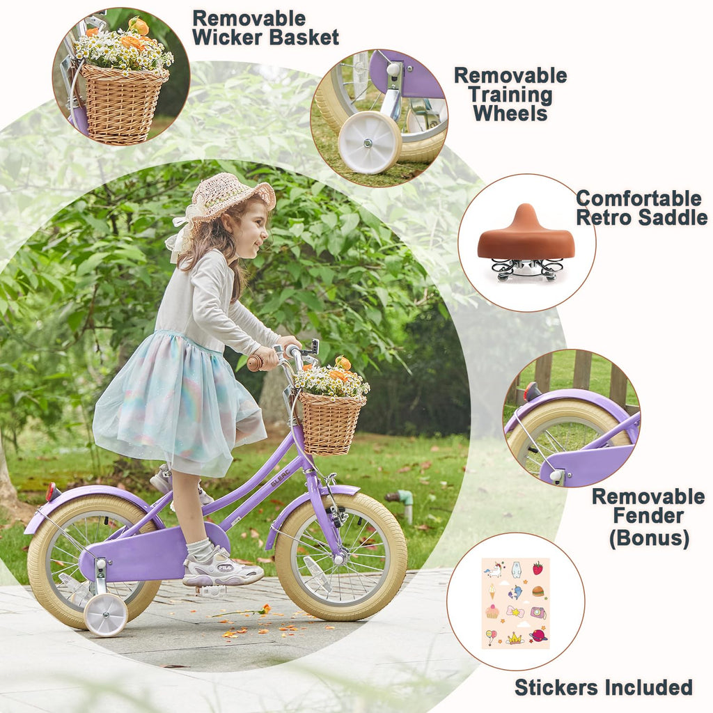 Glerc Little Molly 12 Inch Kids Bike, Retro Cruiser Girls Bicycle for Children Ages 2-4 Years Old, Toddler Bike with Wicker Bask