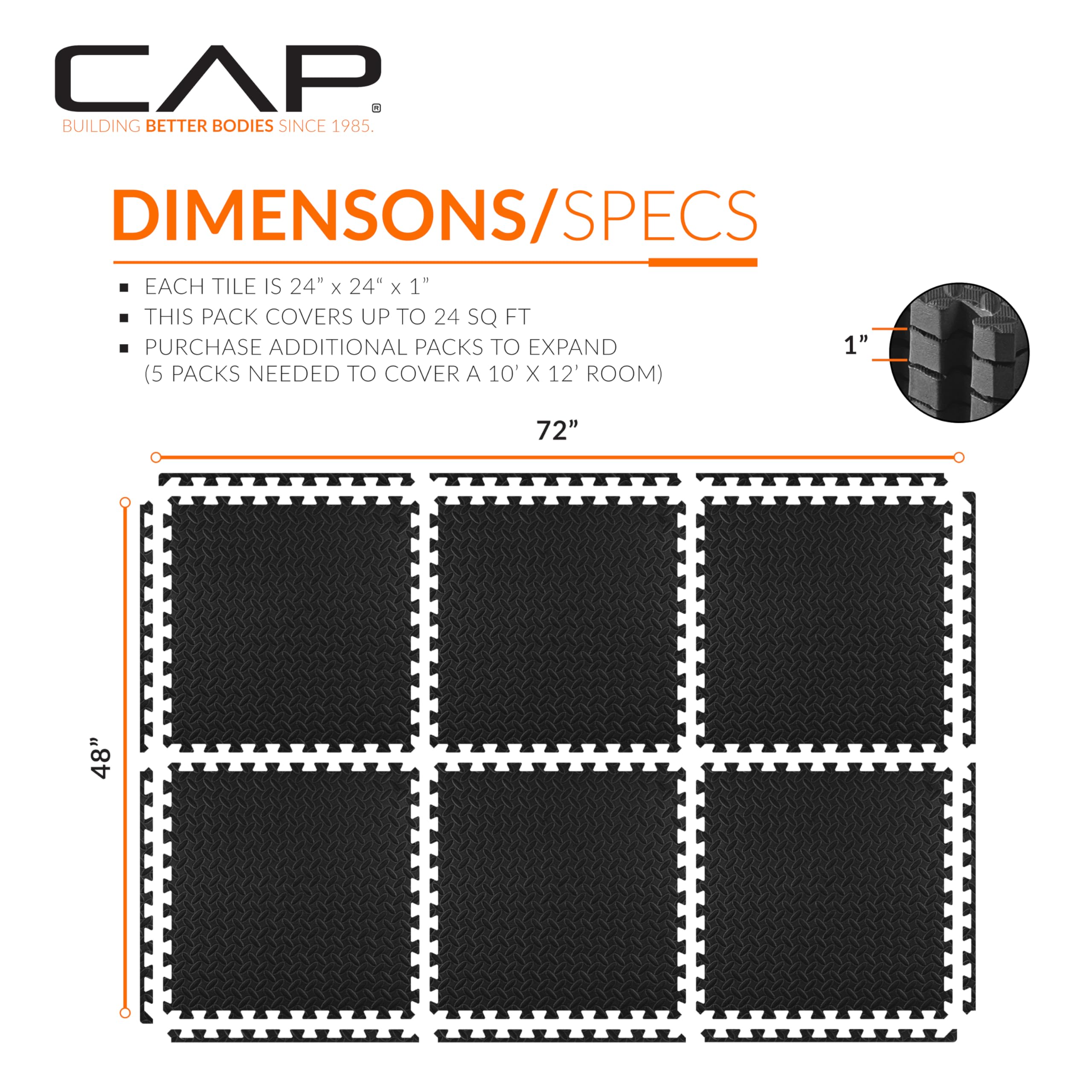 Cap Barbell 1-Inch Interlocking Eva Foam Exercise Puzzle Mats - 1 Pack | 24'' X 24'' X 1'' | Diamond Pattern - Black