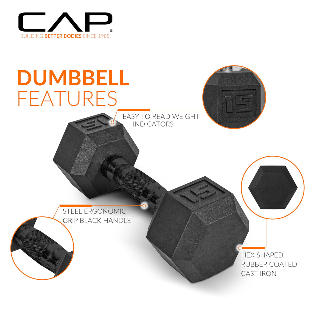CAP Barbell 210 LB Black Handle Coated Hex Dumbbell Weight Set with Vertical Silver Rack