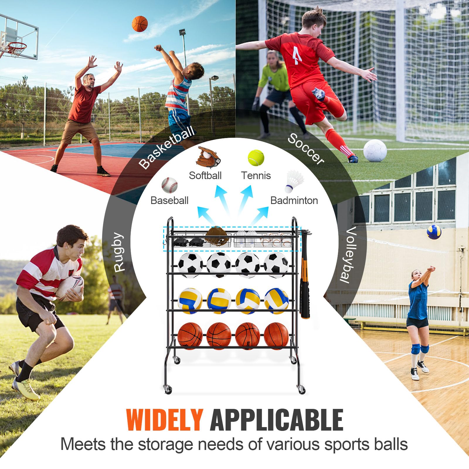 Vevor Basketball Rack, 4-Layers Rolling Basketball Shooting Training Stand, Sports Equipment Storage Organizer With Wheels, Hook