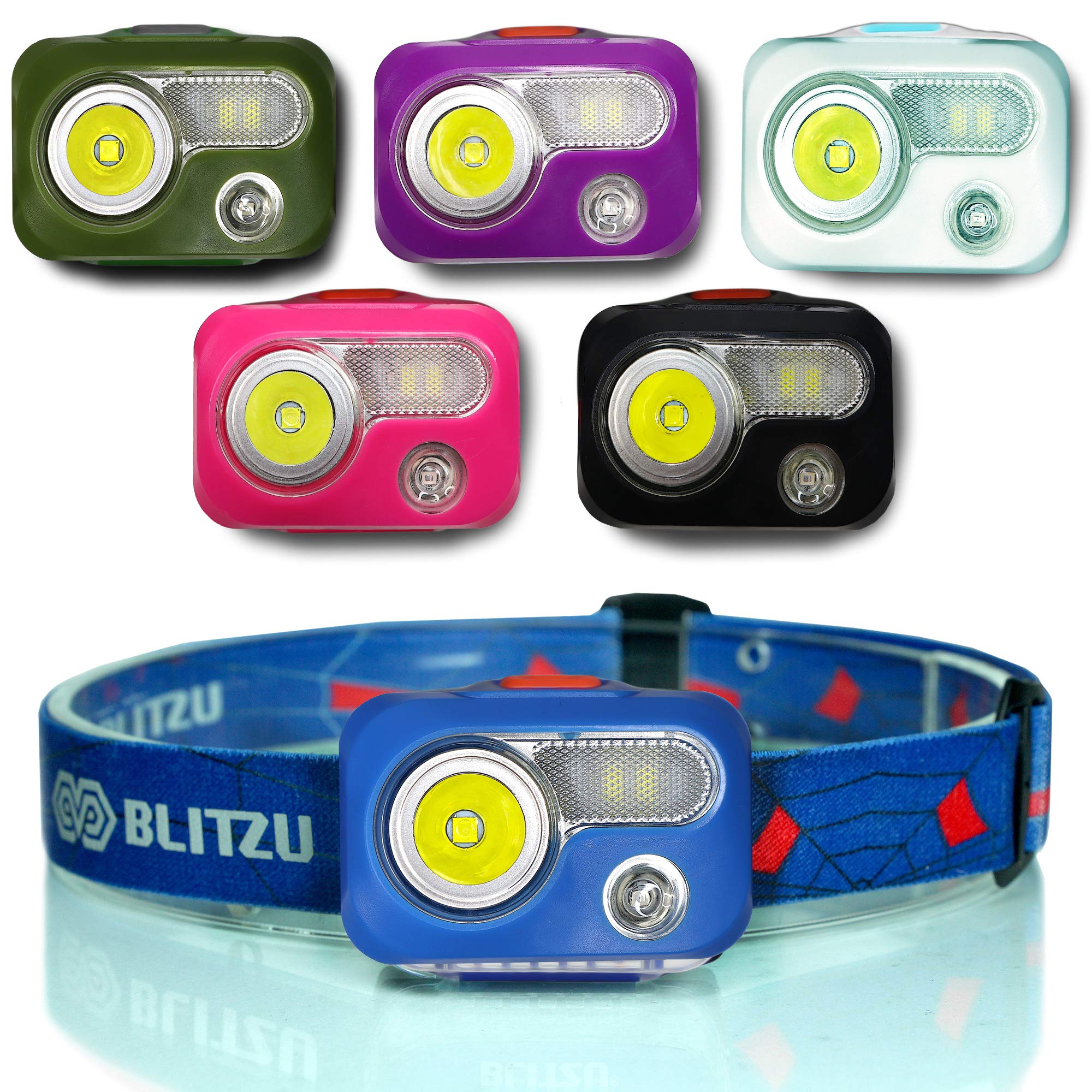 BLITZU Rechargeable Headlamp, Adjustable, Durable, Waterproof, Blue, Battery Powered, 120-Day Guarantee
